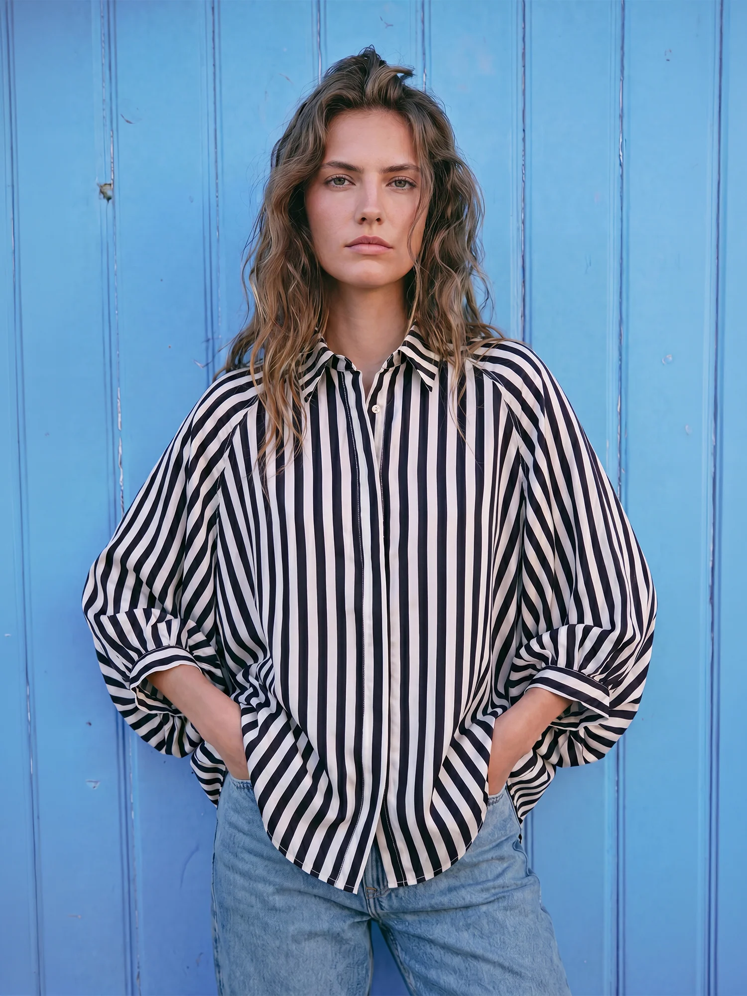 Balloon Dolman Sleeve Button Front Oversized Shirt