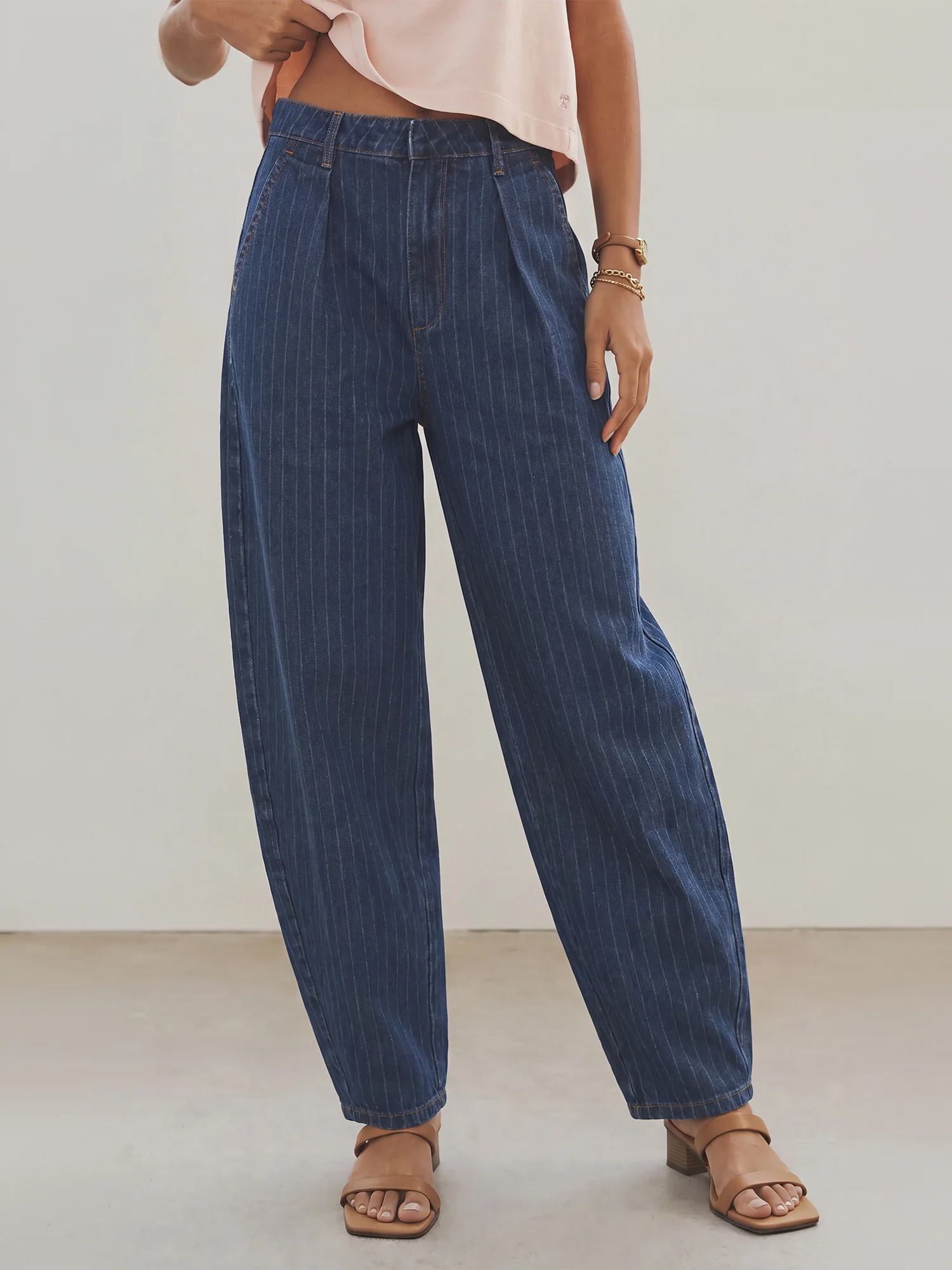 Barrel Fit High Waisted Pleated Pinstripe Trousers - Image 2