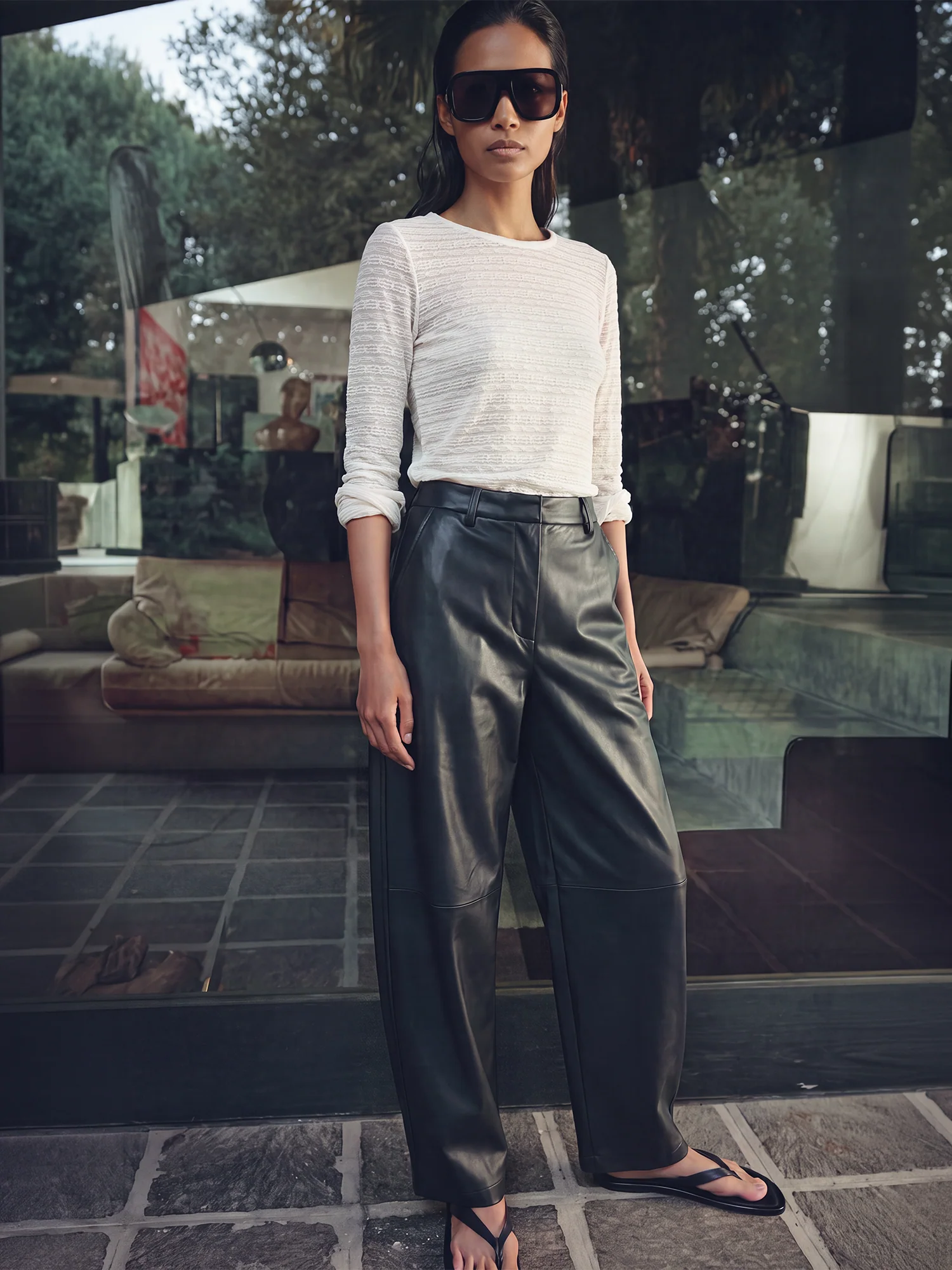 Barrel Leg Stretch Vegan Leather Pants - Image 3