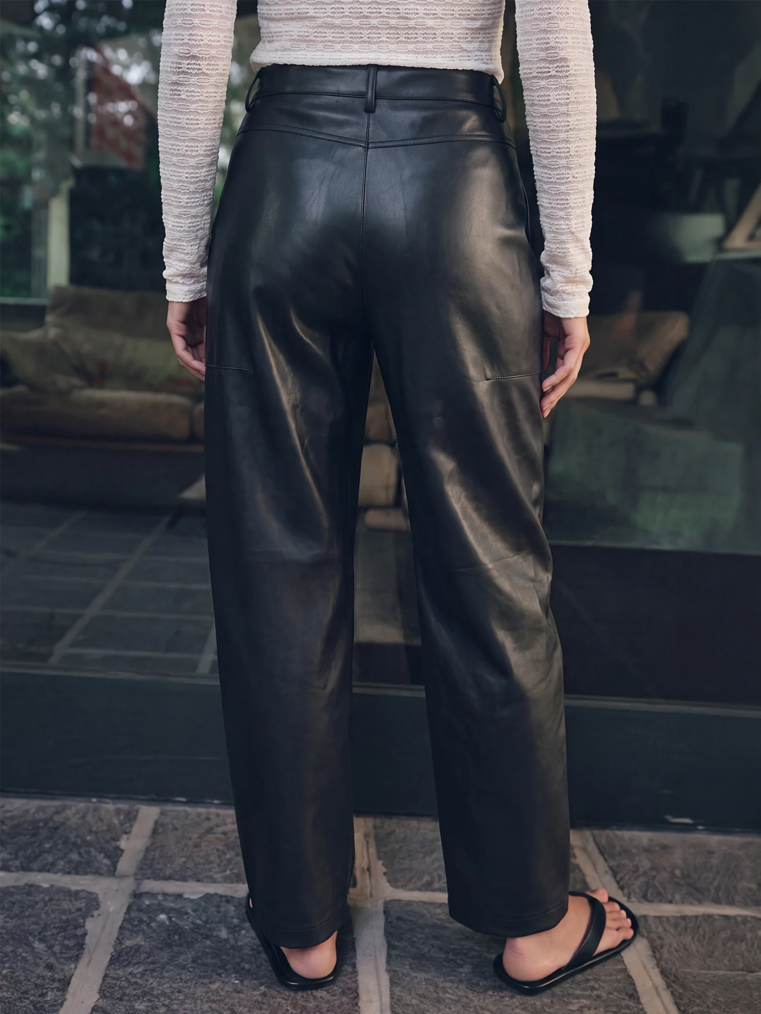 Barrel Leg Stretch Vegan Leather Pants - Image 4