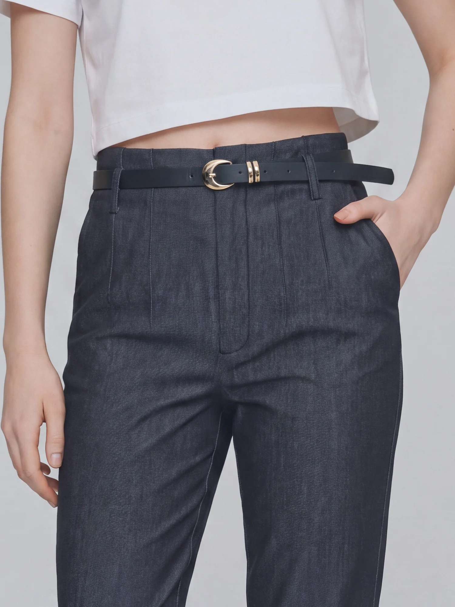 Belted Stretch Slim Straight Pants - Image 3