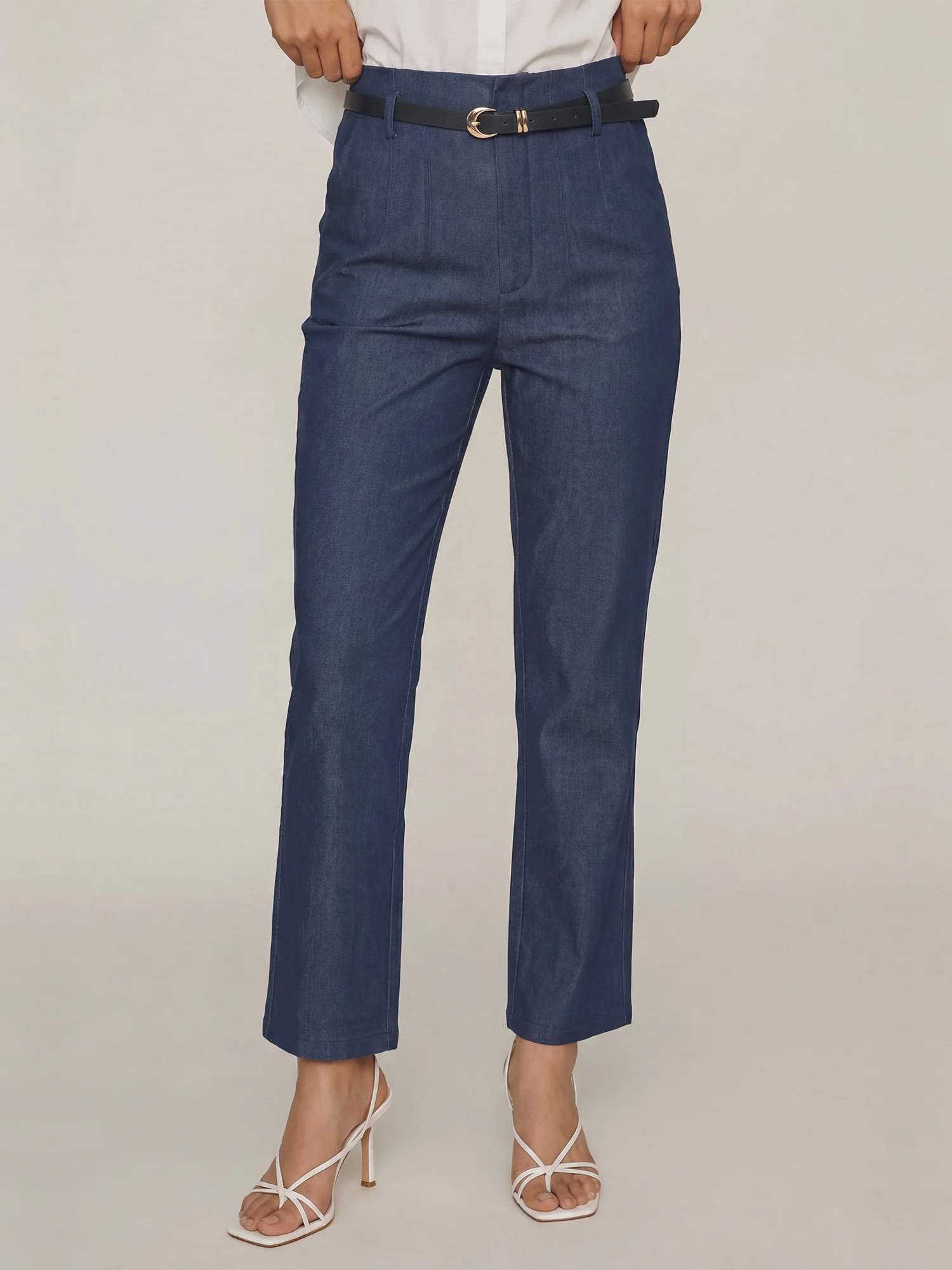 Belted Stretch Slim Straight Pants - Image 7