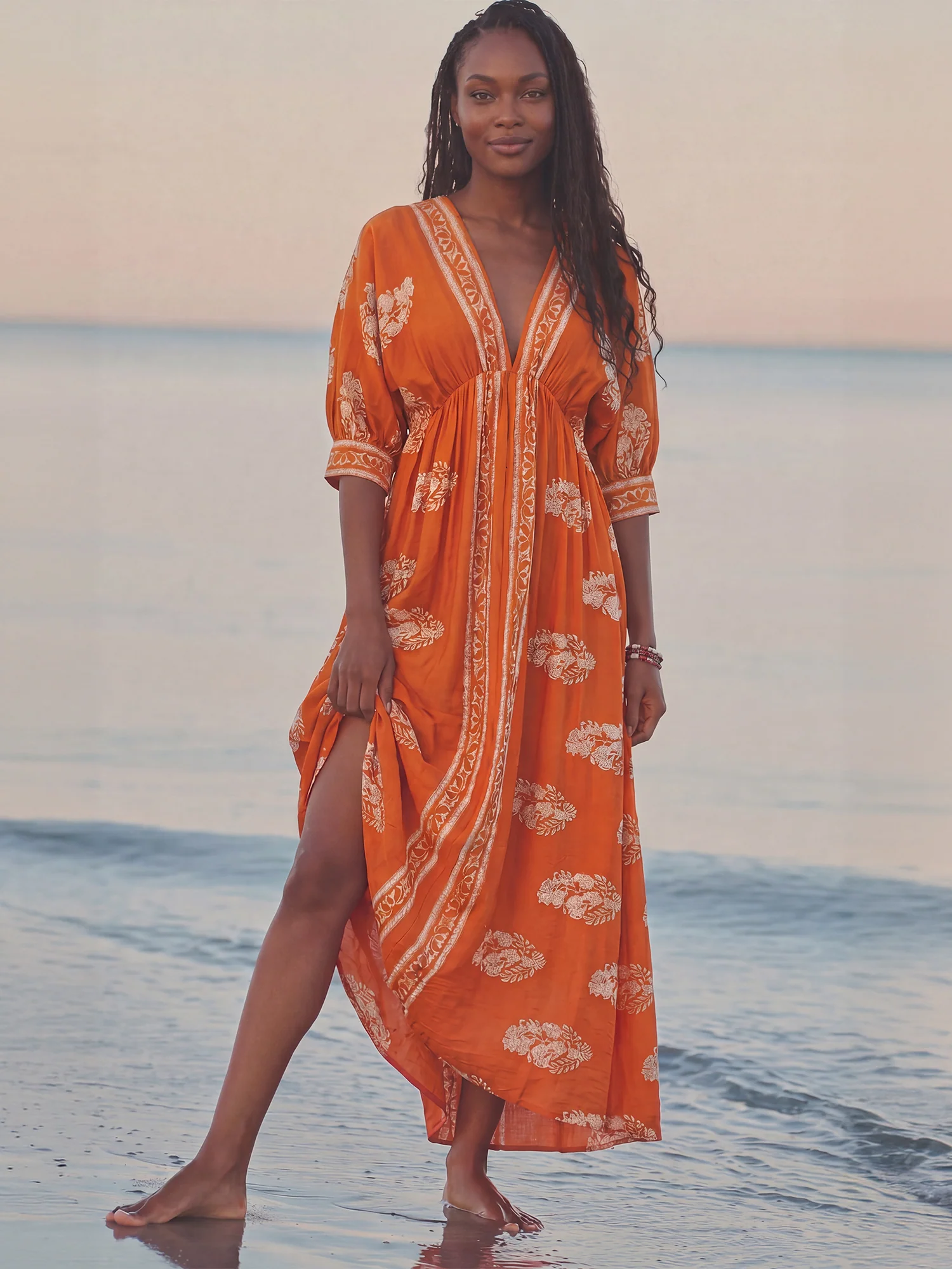 Short sleeve V Neck Border Print Woven Midi Dress