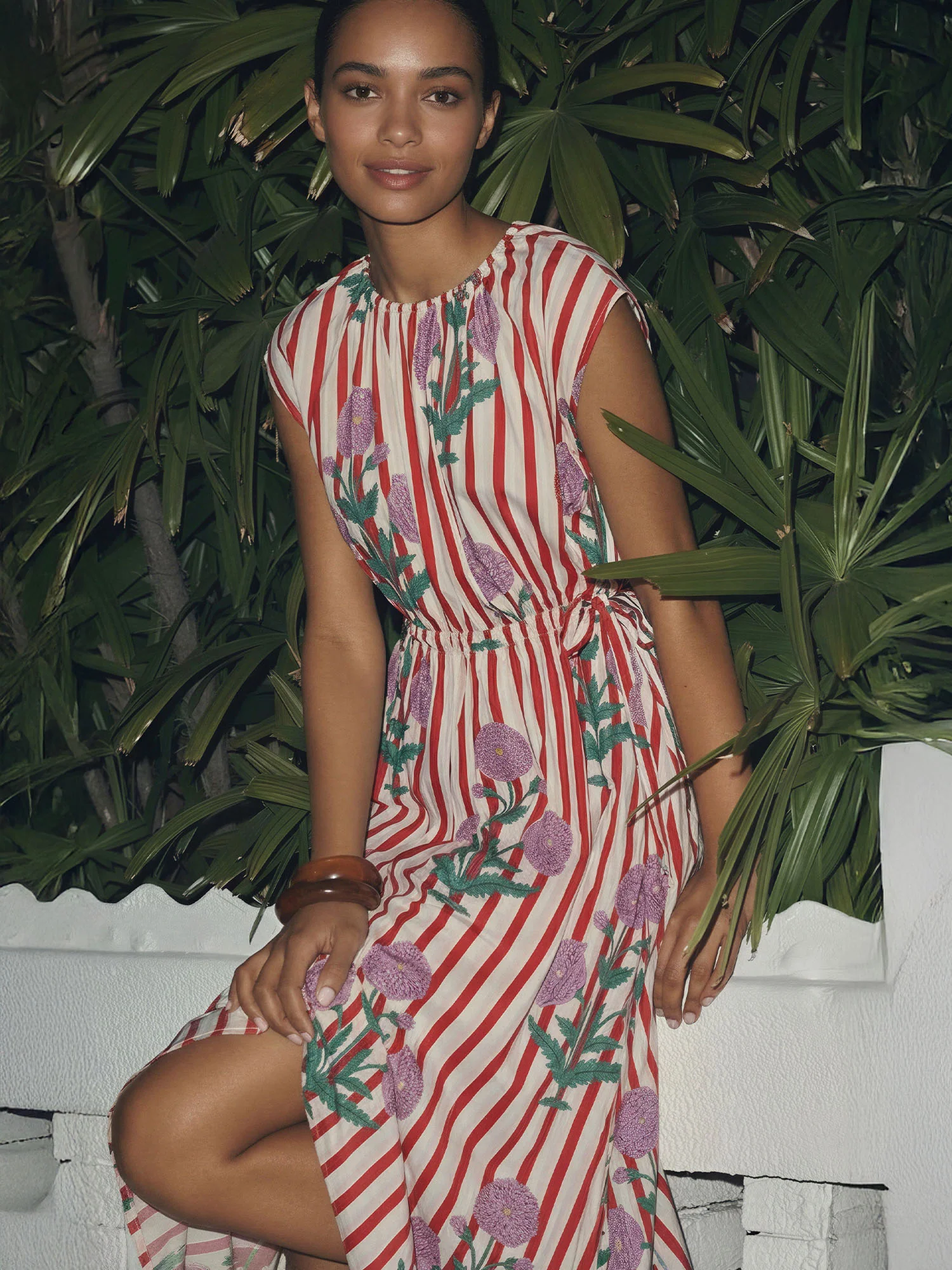 Botanical Print Crew Cap Sleeves Tie Front Midi Dress - Image 7