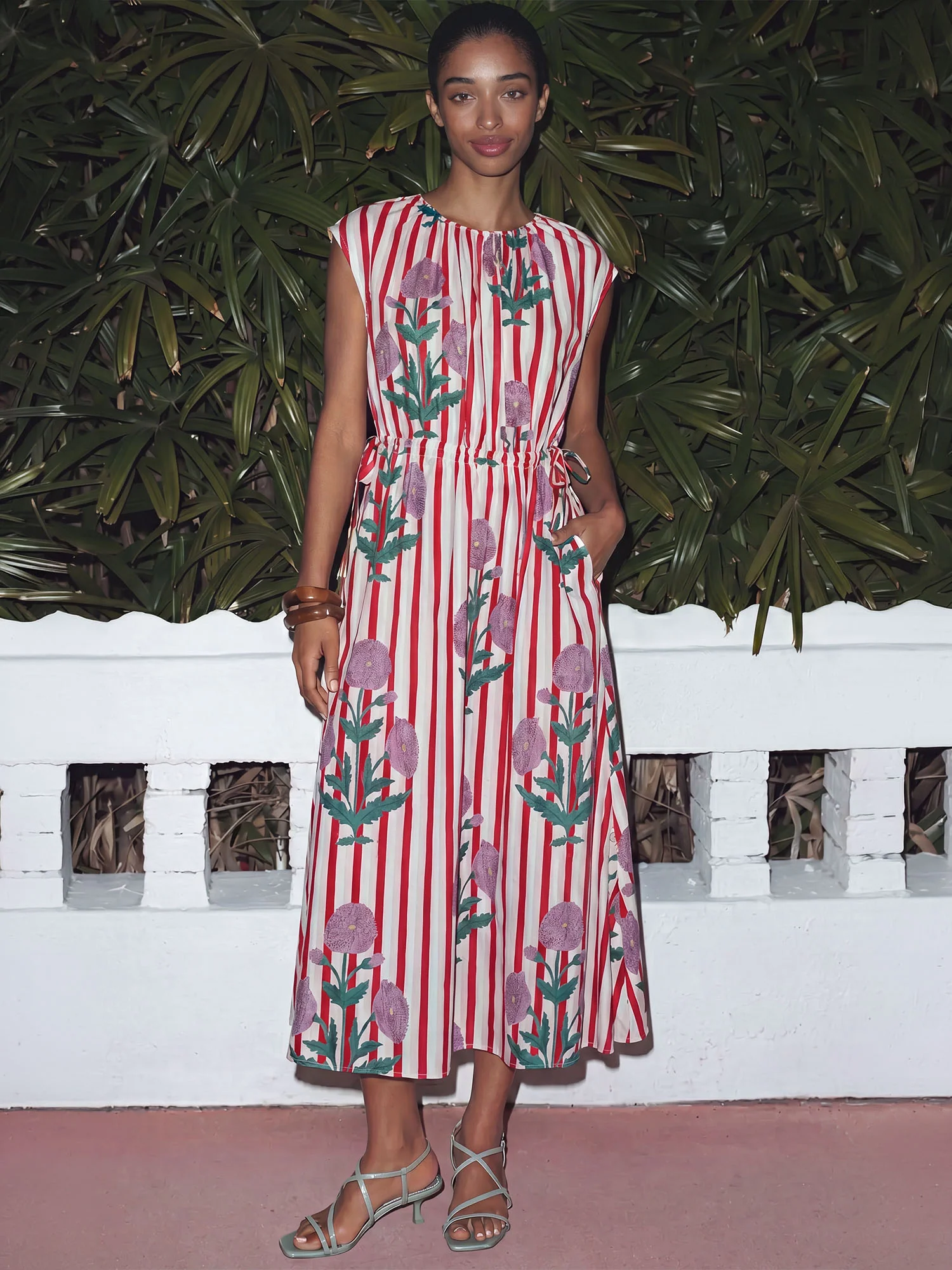 Botanical Print Crew Cap Sleeves Tie Front Midi Dress - Image 9