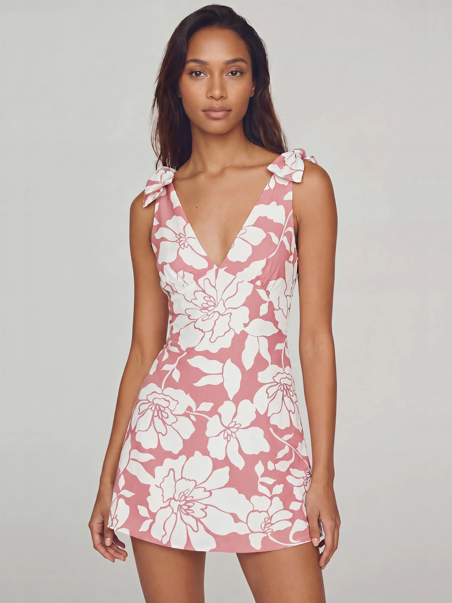 Bow Shoulder Strap A-Line Floral Mini Dress