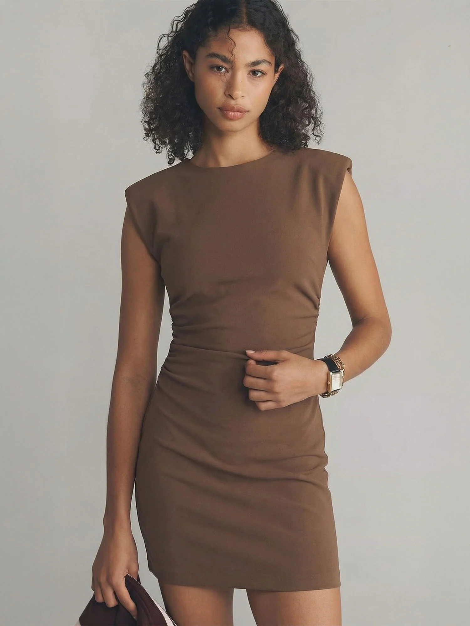 Cap Sleeeve Shoulder Pad Ruched Mini Dress - Image 6