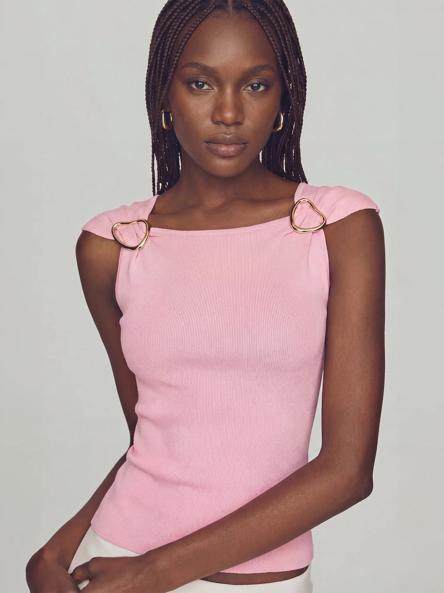 Cap Sleeve Boat Neck Hardware Knit Top - Image 6