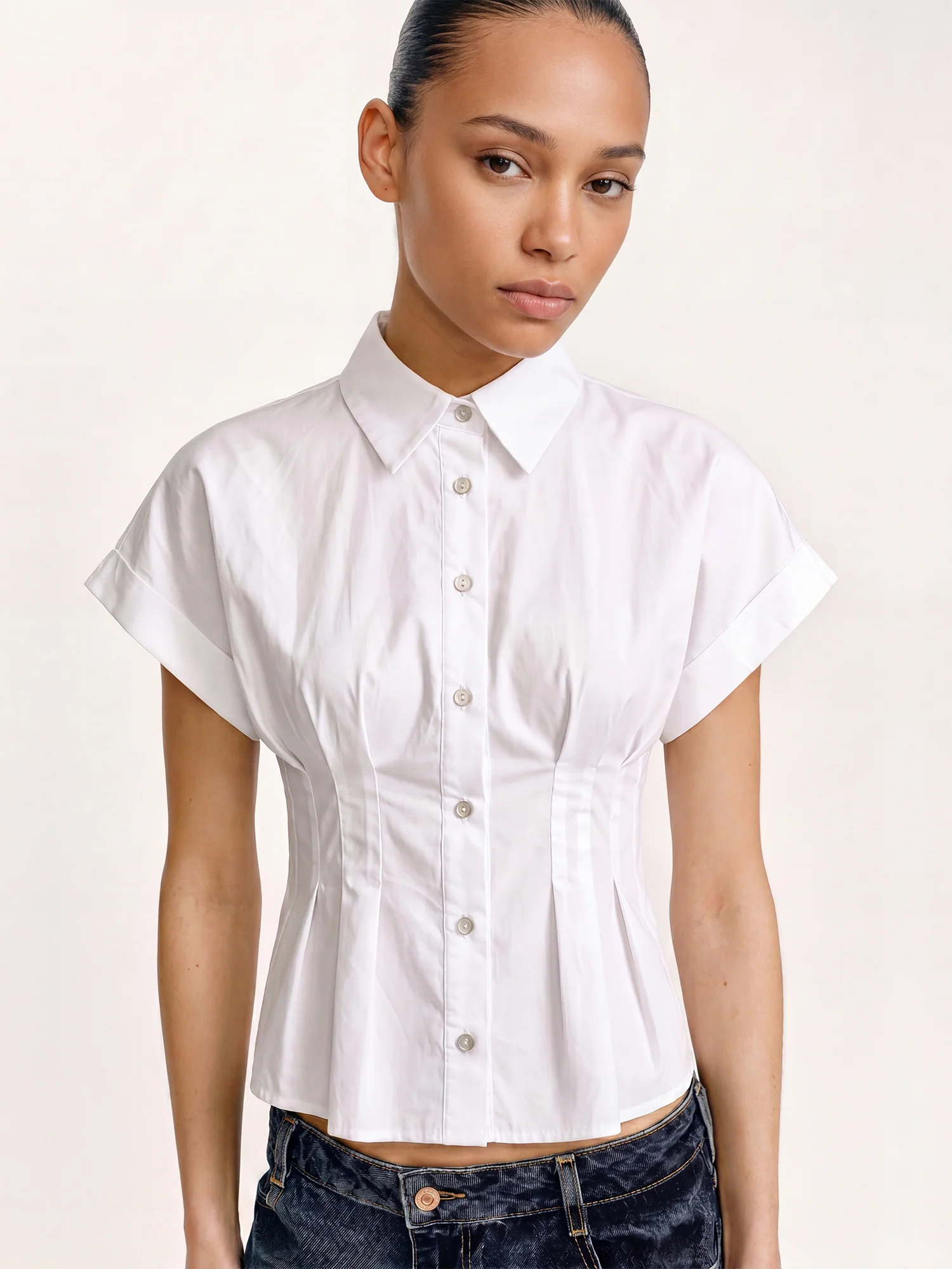 Cap Sleeve Button Down Hour Glass Shirt - Image 5