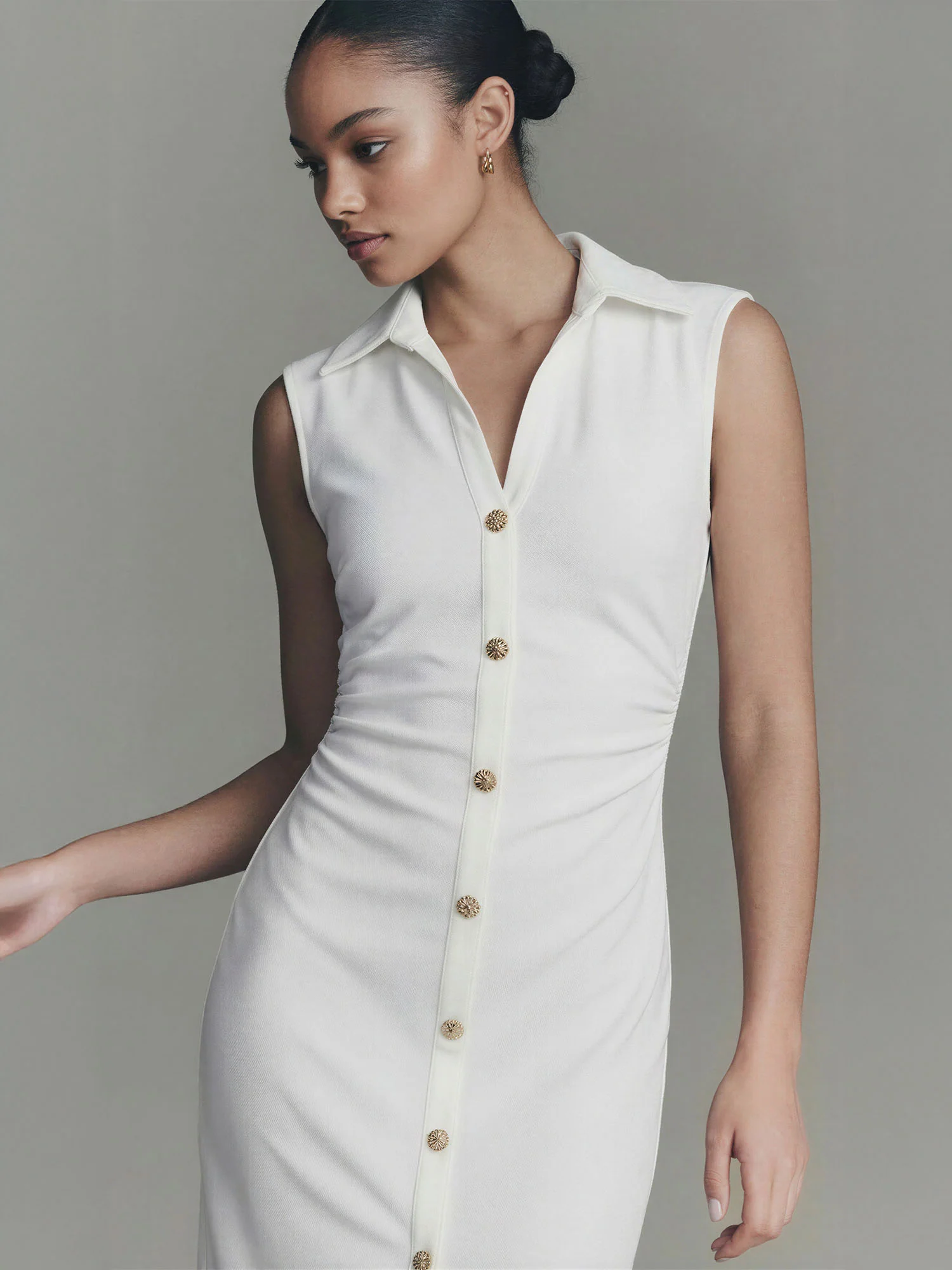Cap Sleeve Collared Button Front Ruched Midi Dress - Image 7