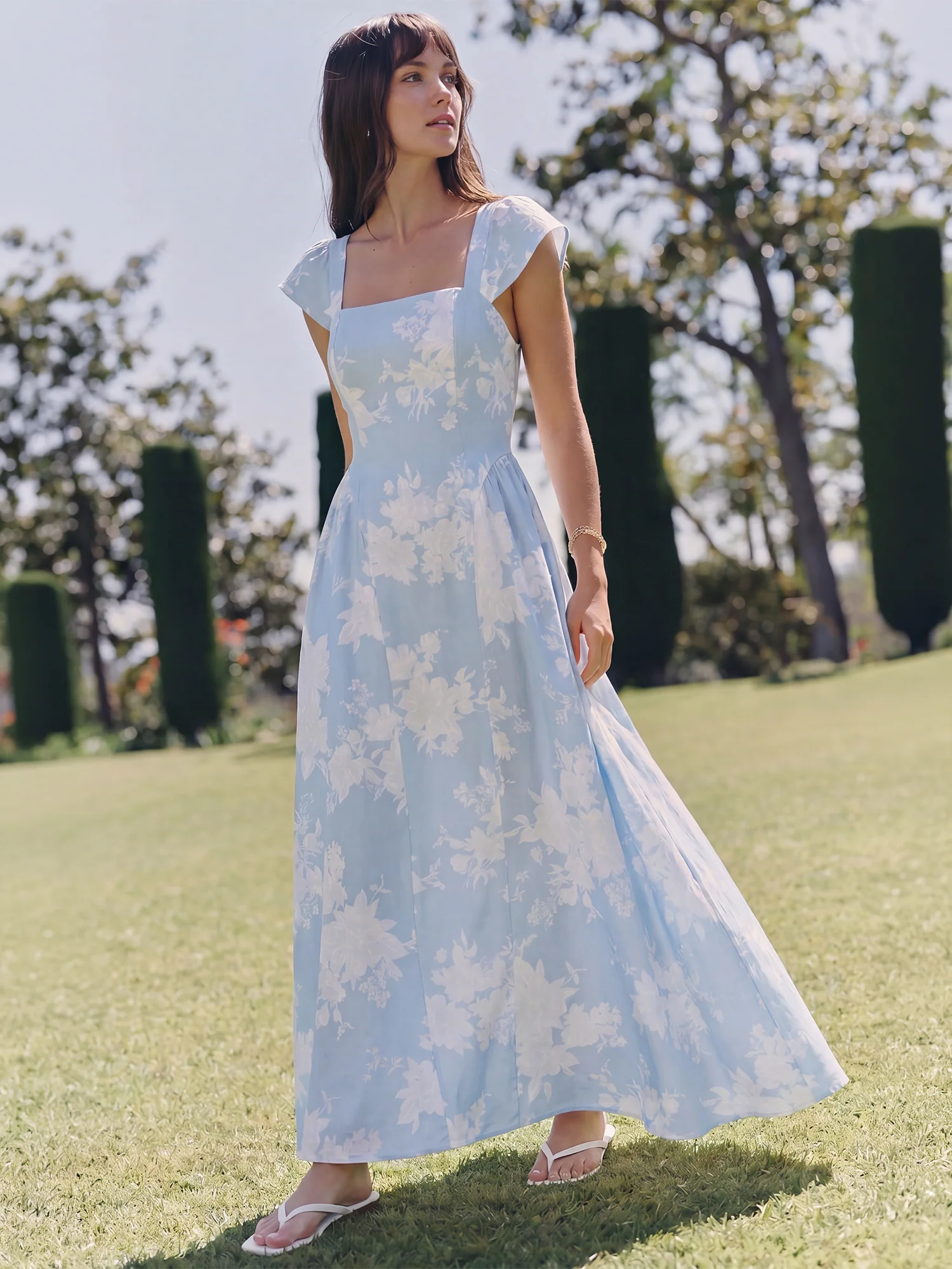 Cap Sleeve Floral Square Neck A Line Midi Dress