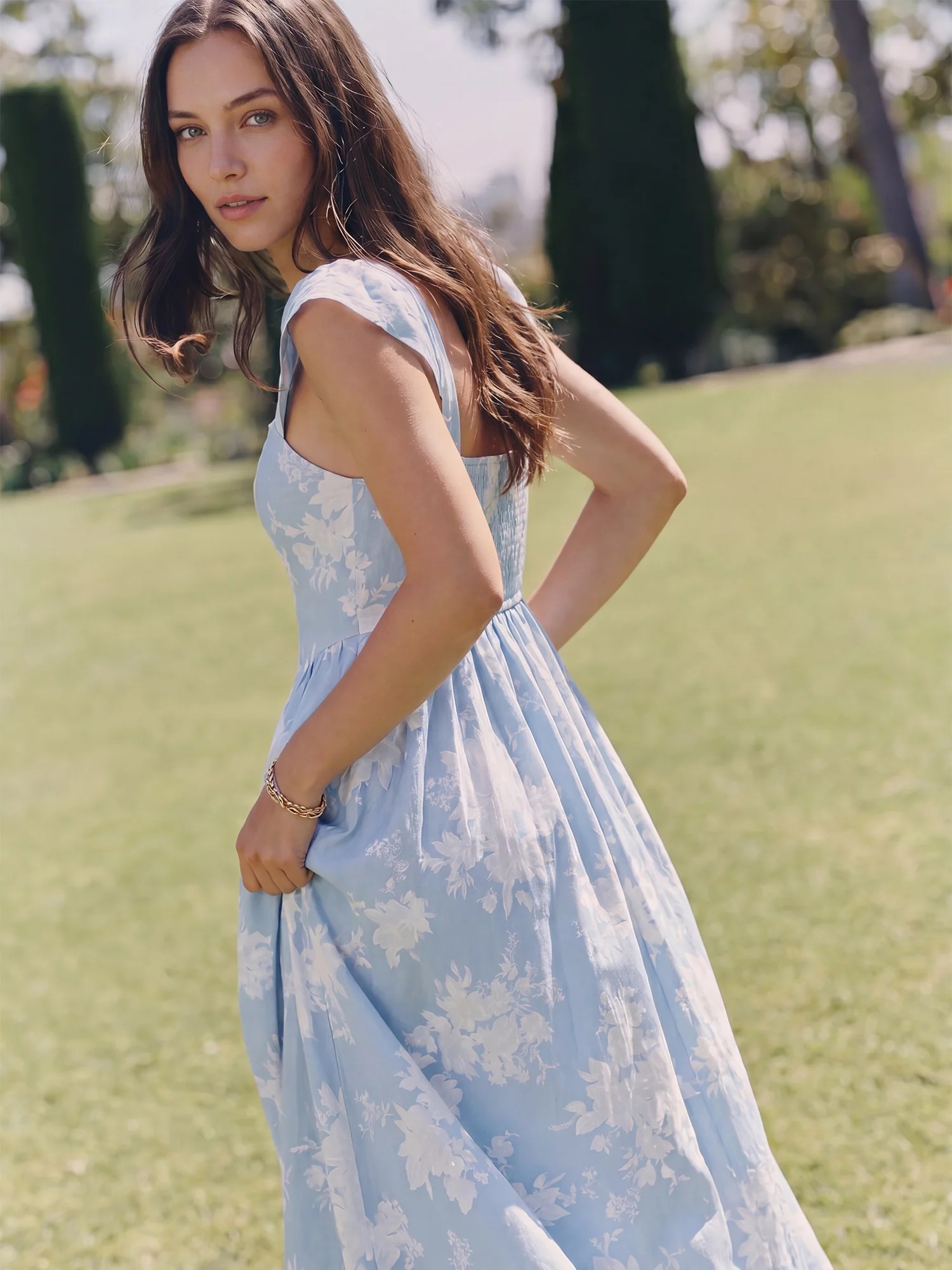 Cap Sleeve Floral Square Neck A Line Midi Dress - Image 2