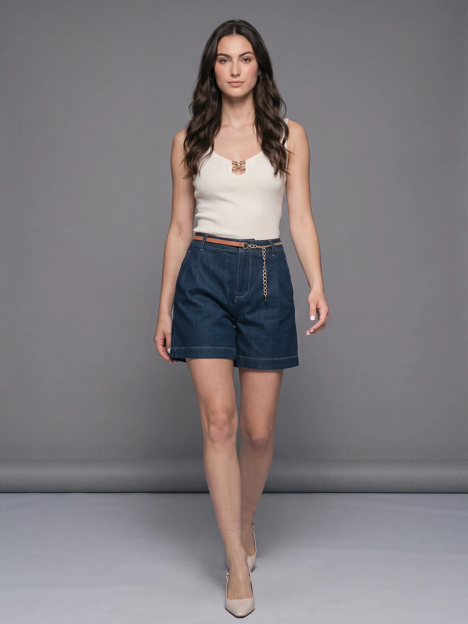 Chain Belt Stretch Denim Shorts - Image 2