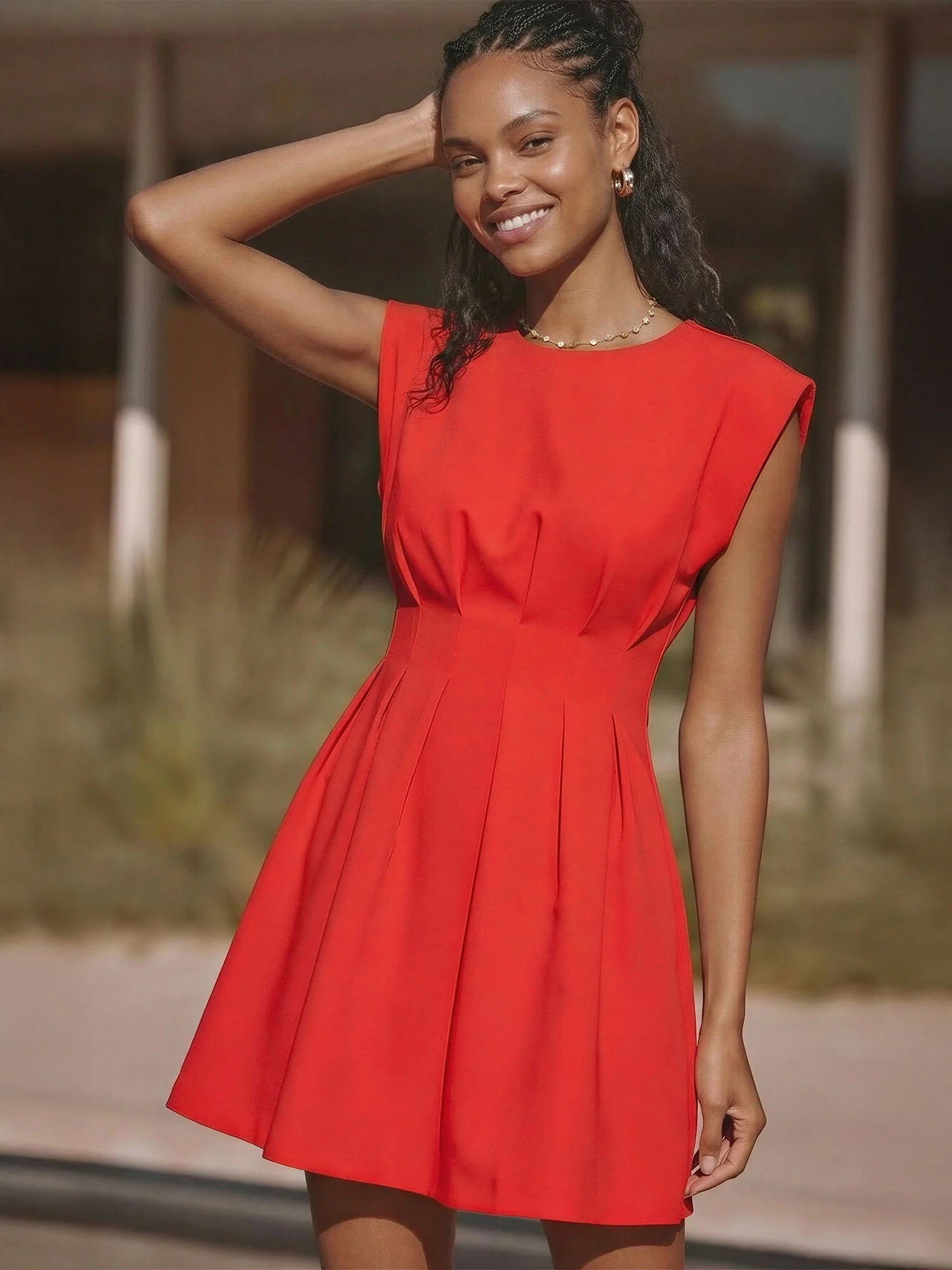 Cinched Pleated Waist Detail A-Line Mini Dress - Image 5