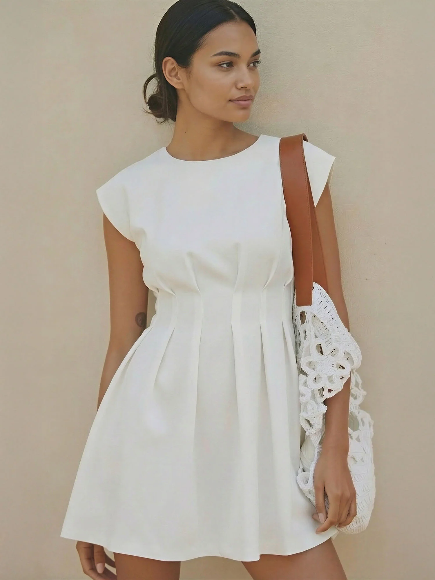 Cinched Pleated Waist Detail A-Line Mini Dress - Image 9