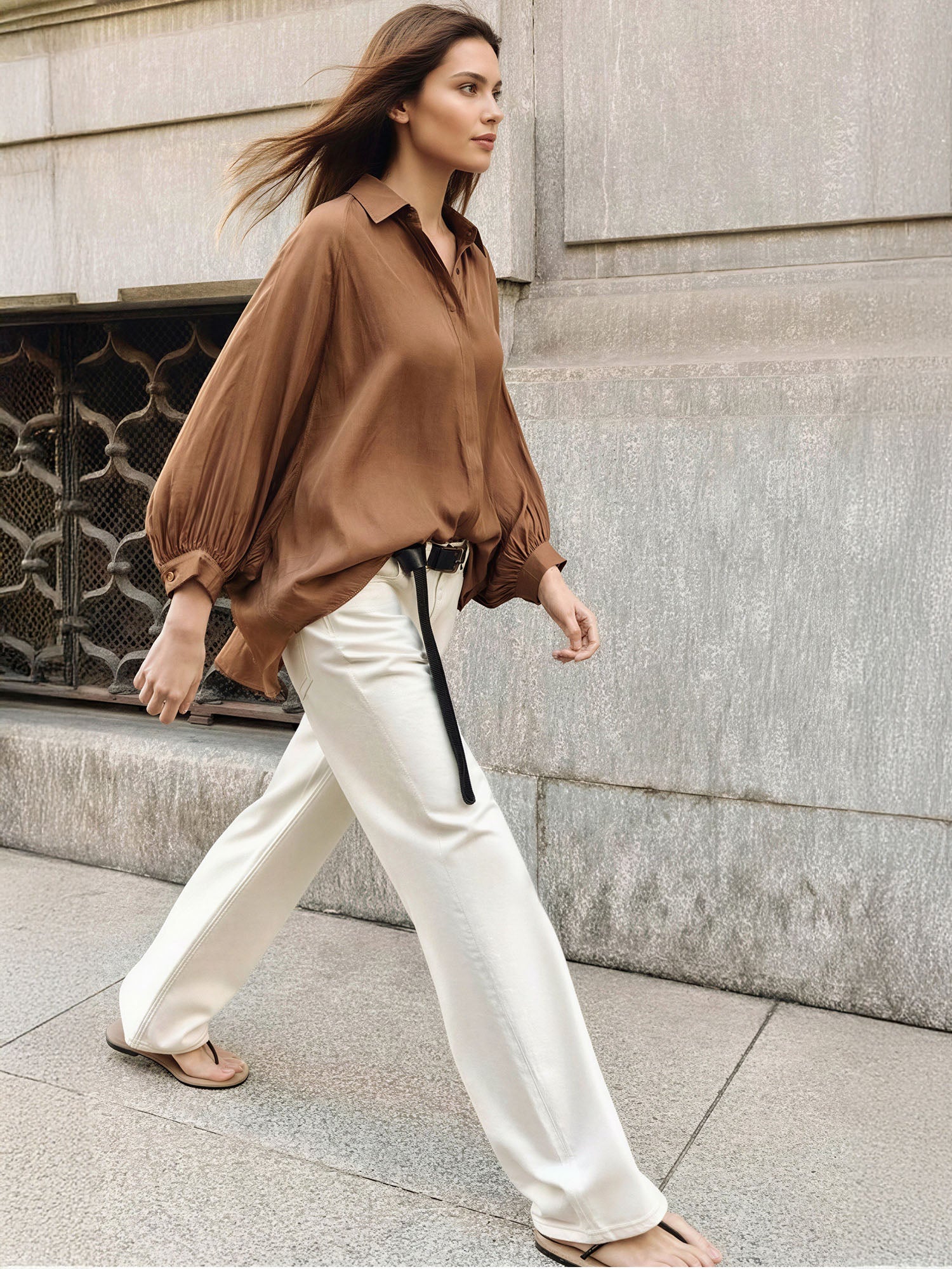 Collar Satin Button Down Ballon Sleeves Blouse - Image 4