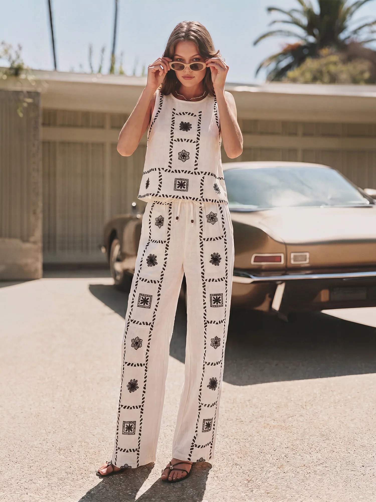 Cotton High Waisted Wide Leg Pants Floral & Geometric Embroidery