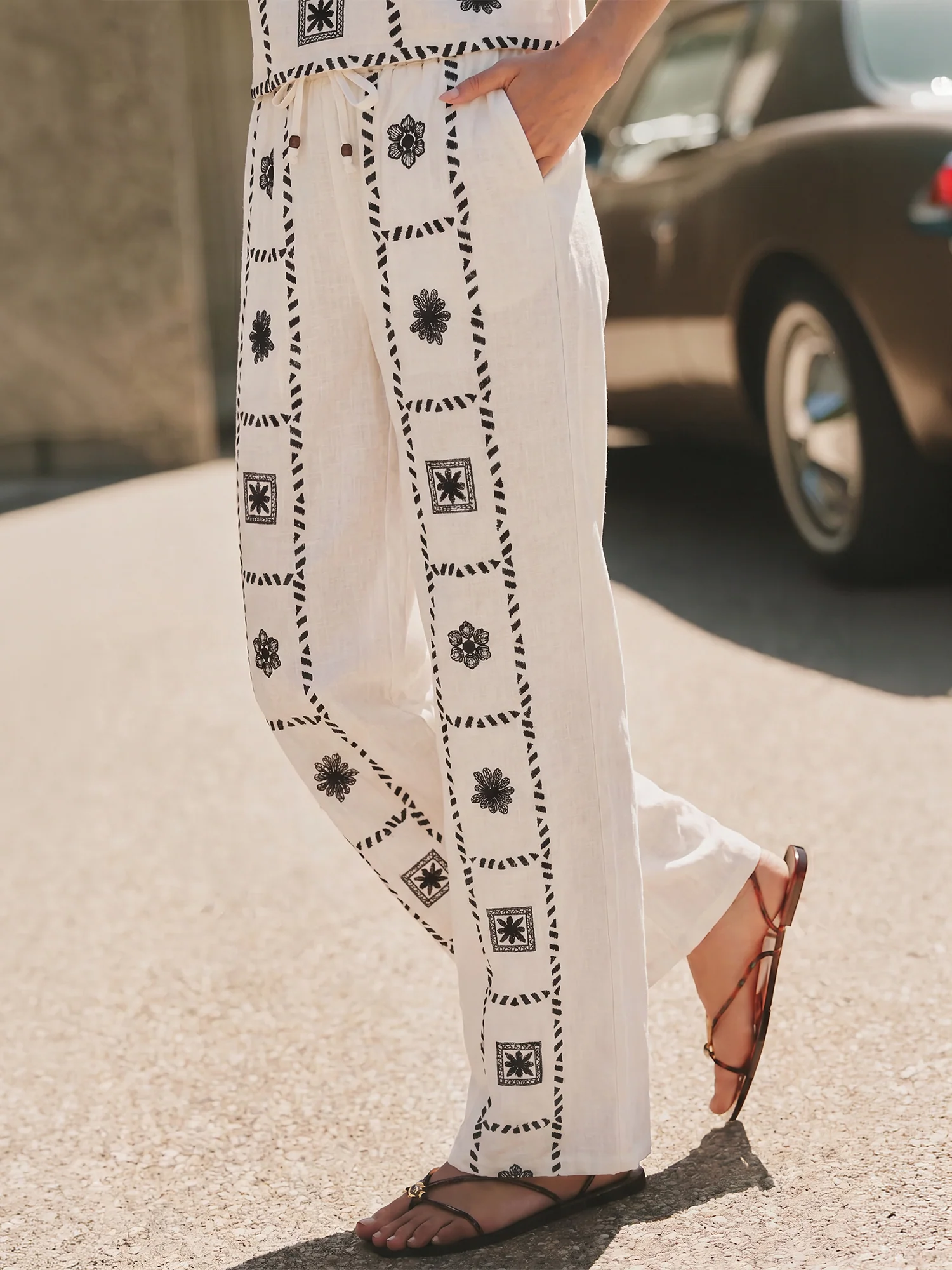 Cotton High Waisted Wide Leg Pants Floral & Geometric Embroidery - Image 2