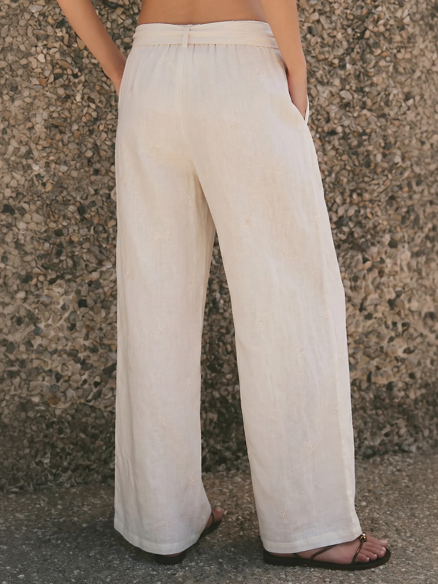 Cotton High Waisted Wide Leg Pants Floral & Geometric Embroidery - Image 3