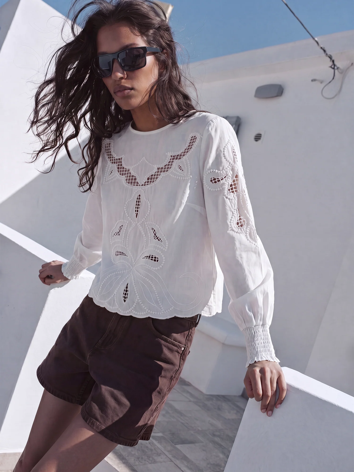 Cotton Long Sleeve Embroidered Eyelet Blouse - Image 5