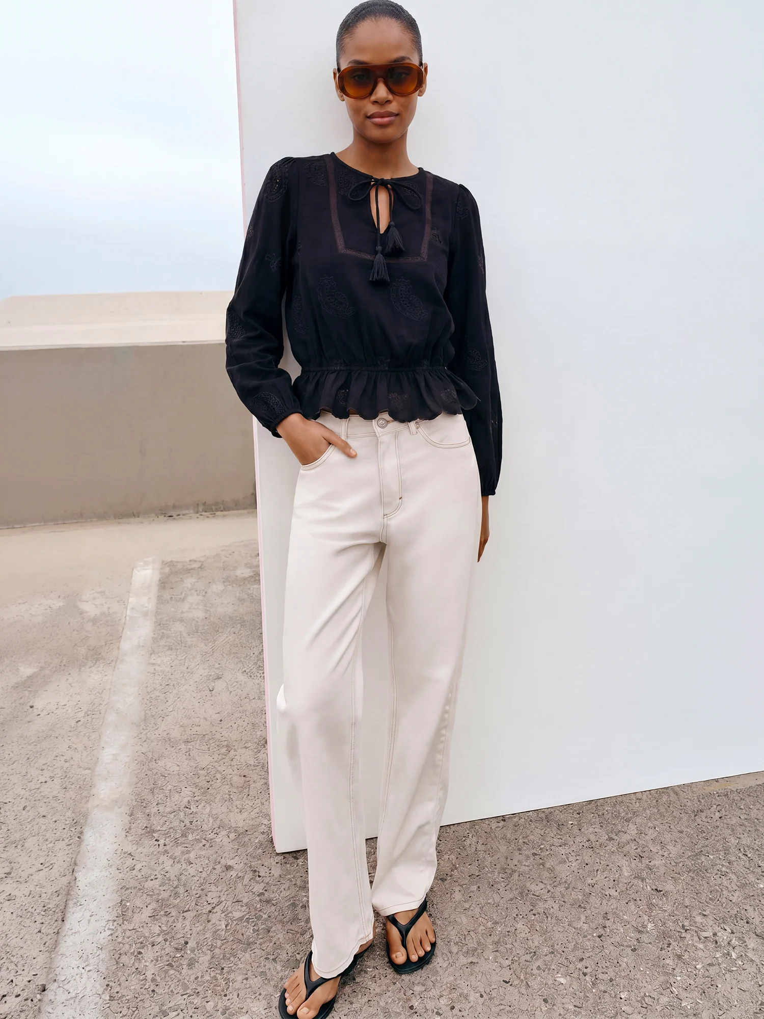 Cotton Long Sleeve Peasant Peplum Blouse - Image 2