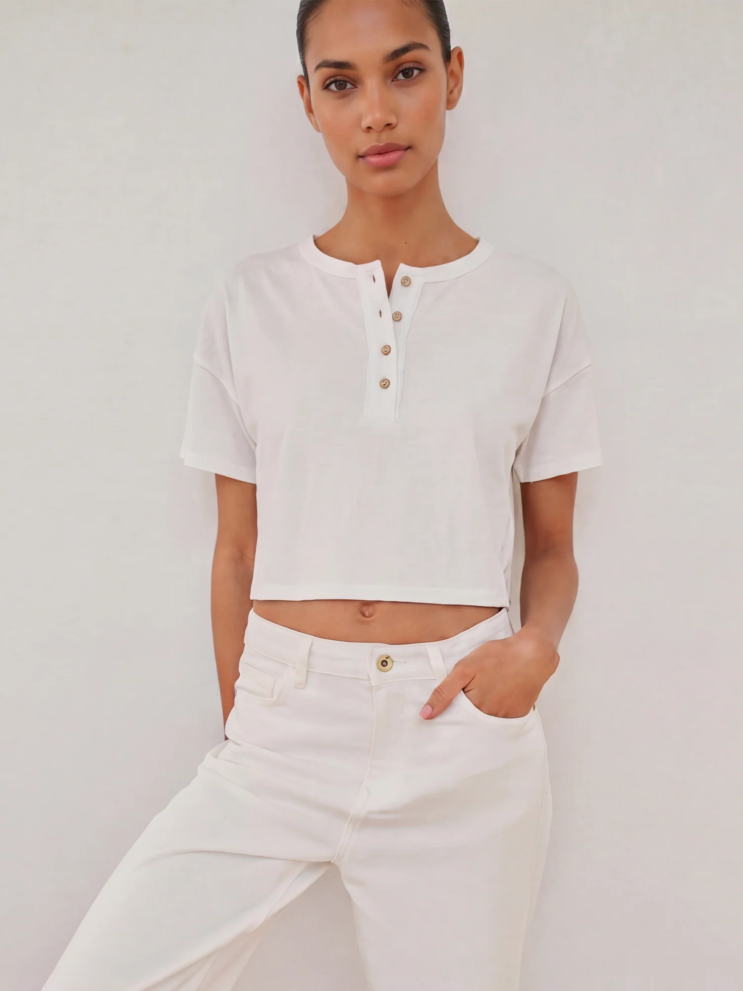 Cropped Button Henley Tee - Image 5
