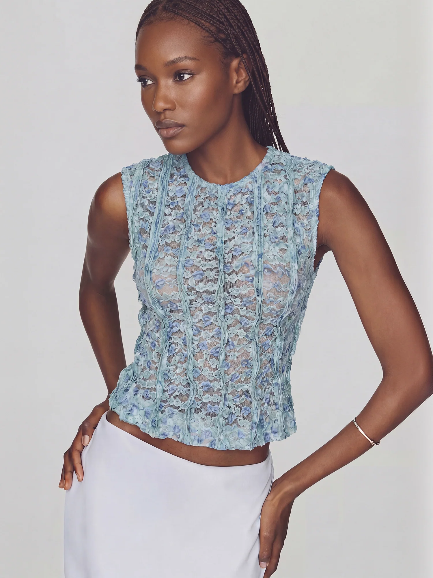 Delicate Mesh Vertical Ruffle Trim Floral Top