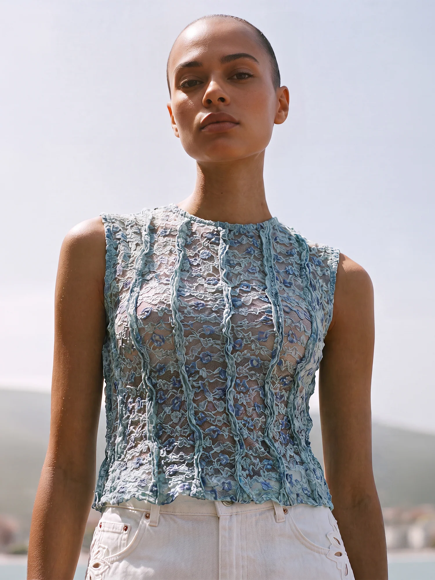 Delicate Mesh Vertical Ruffle Trim Floral Top - Image 5