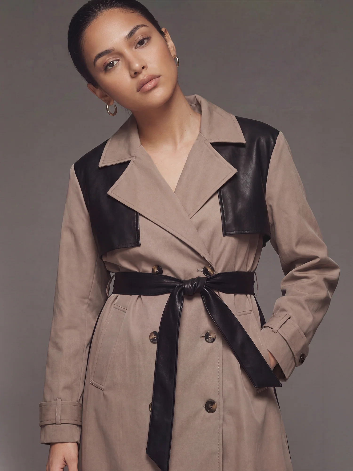 Double Breasted Removable Faux Leather Mix Trench Coat - Image 4