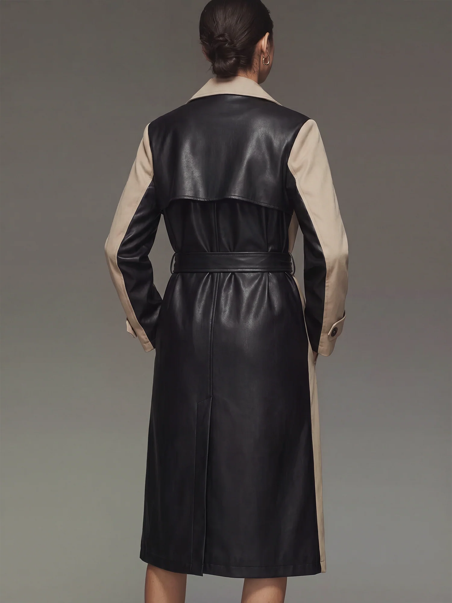 Double Breasted Removable Faux Leather Mix Trench Coat - Image 6