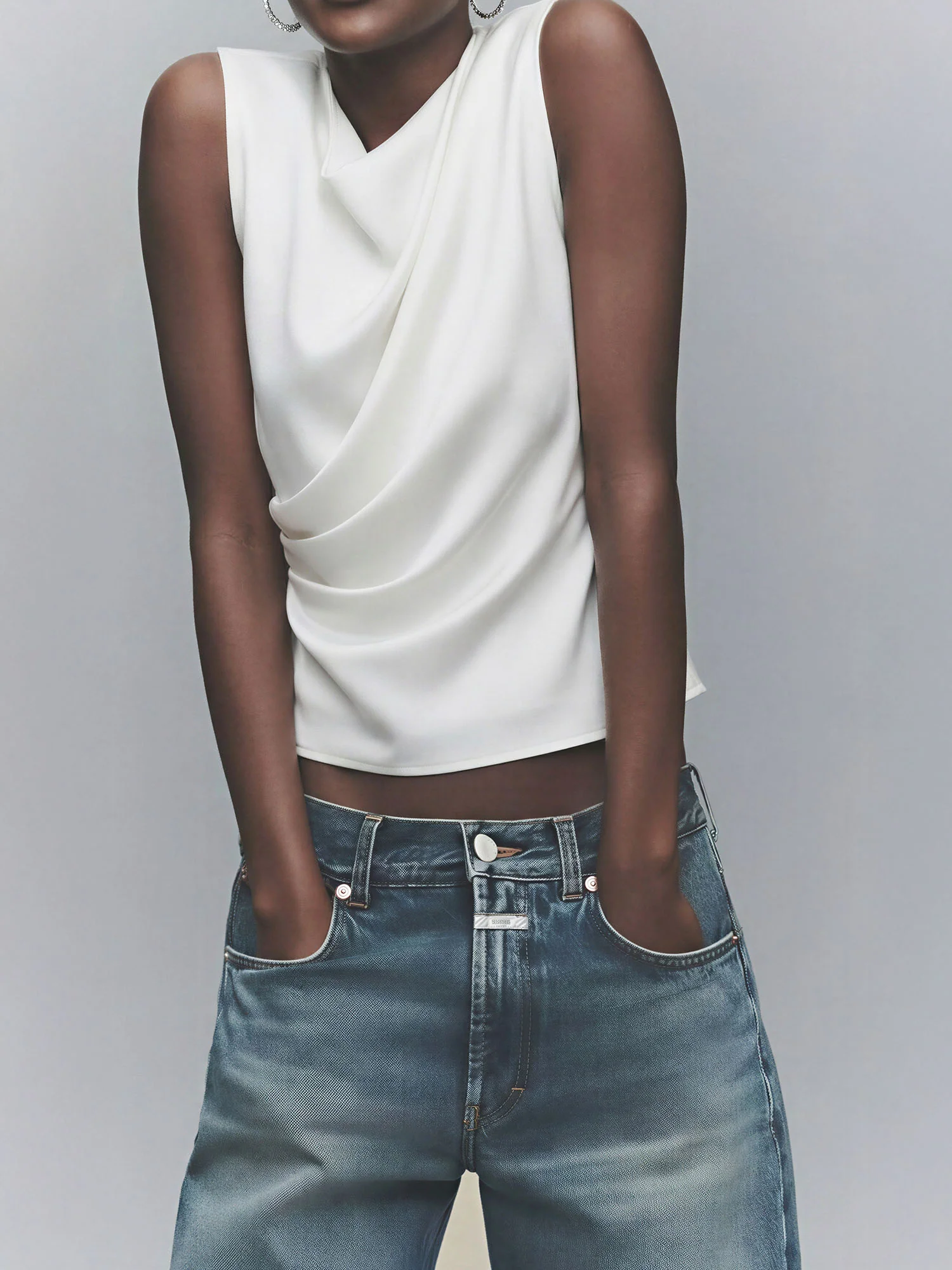 Draped Cowl Neck Sleevless Satin Rouched Top - Image 8