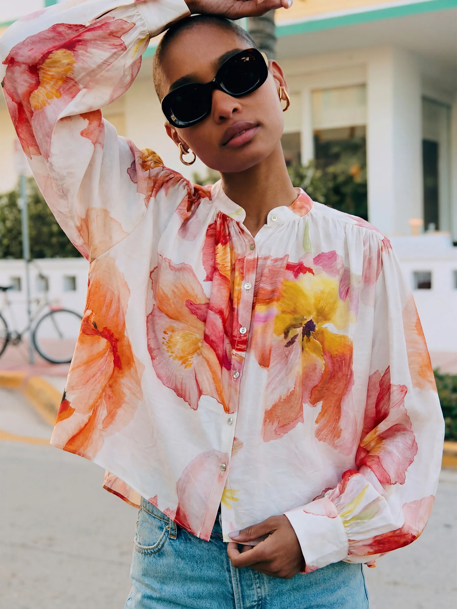 Floral Sheer Ruffled Collar Tie Front Blouse - Image 5