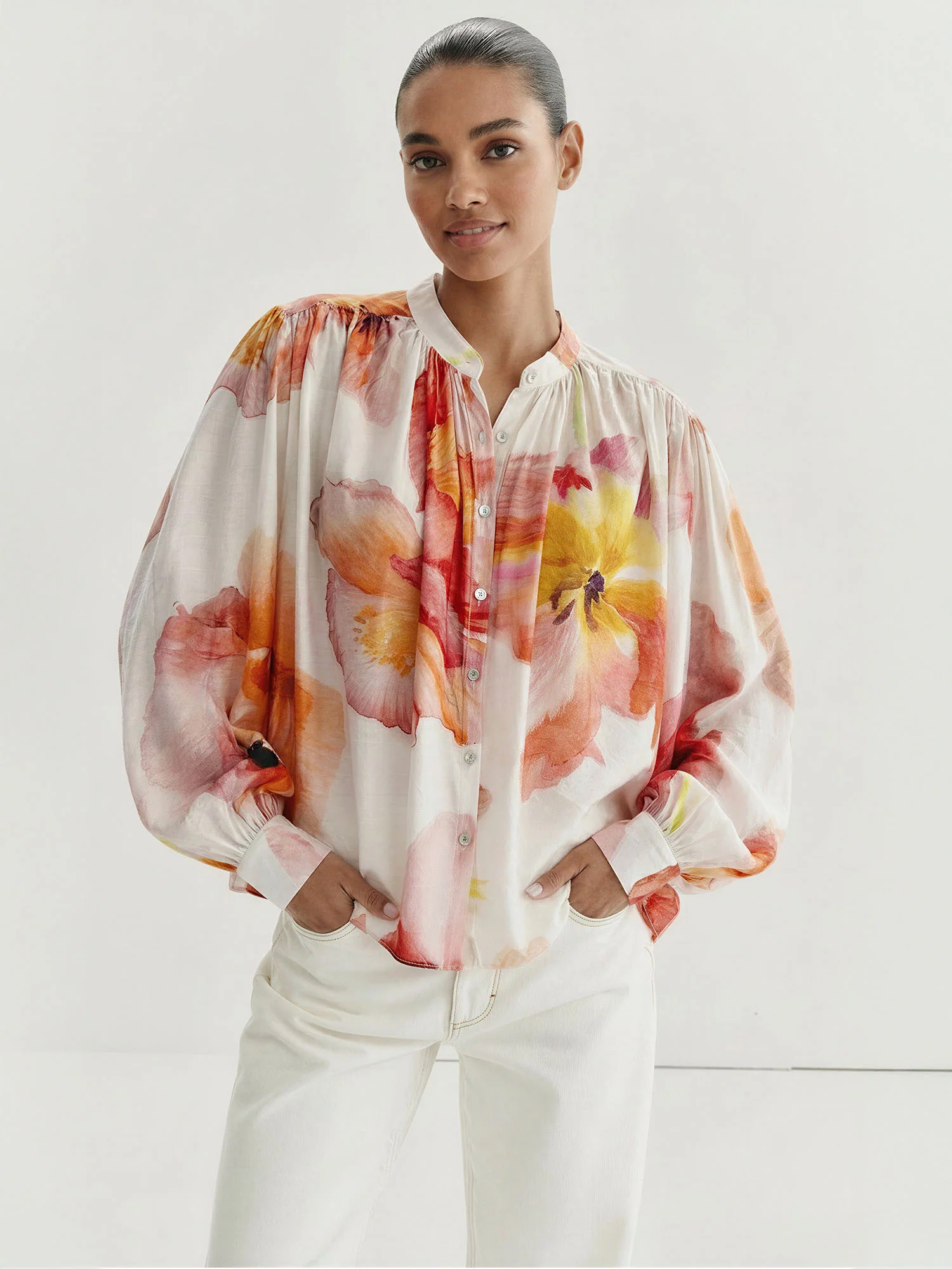 Floral Sheer Ruffled Collar Tie Front Blouse - Image 6