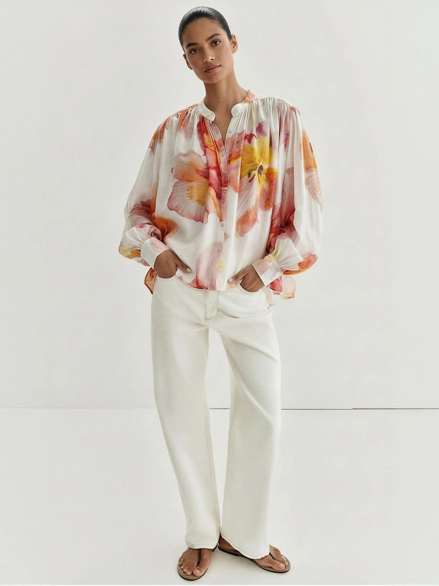 Floral Sheer Ruffled Collar Tie Front Blouse - Image 7