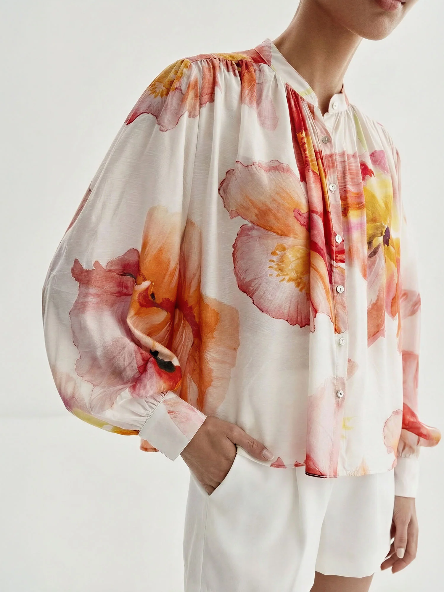 Floral Sheer Ruffled Collar Tie Front Blouse - Image 8