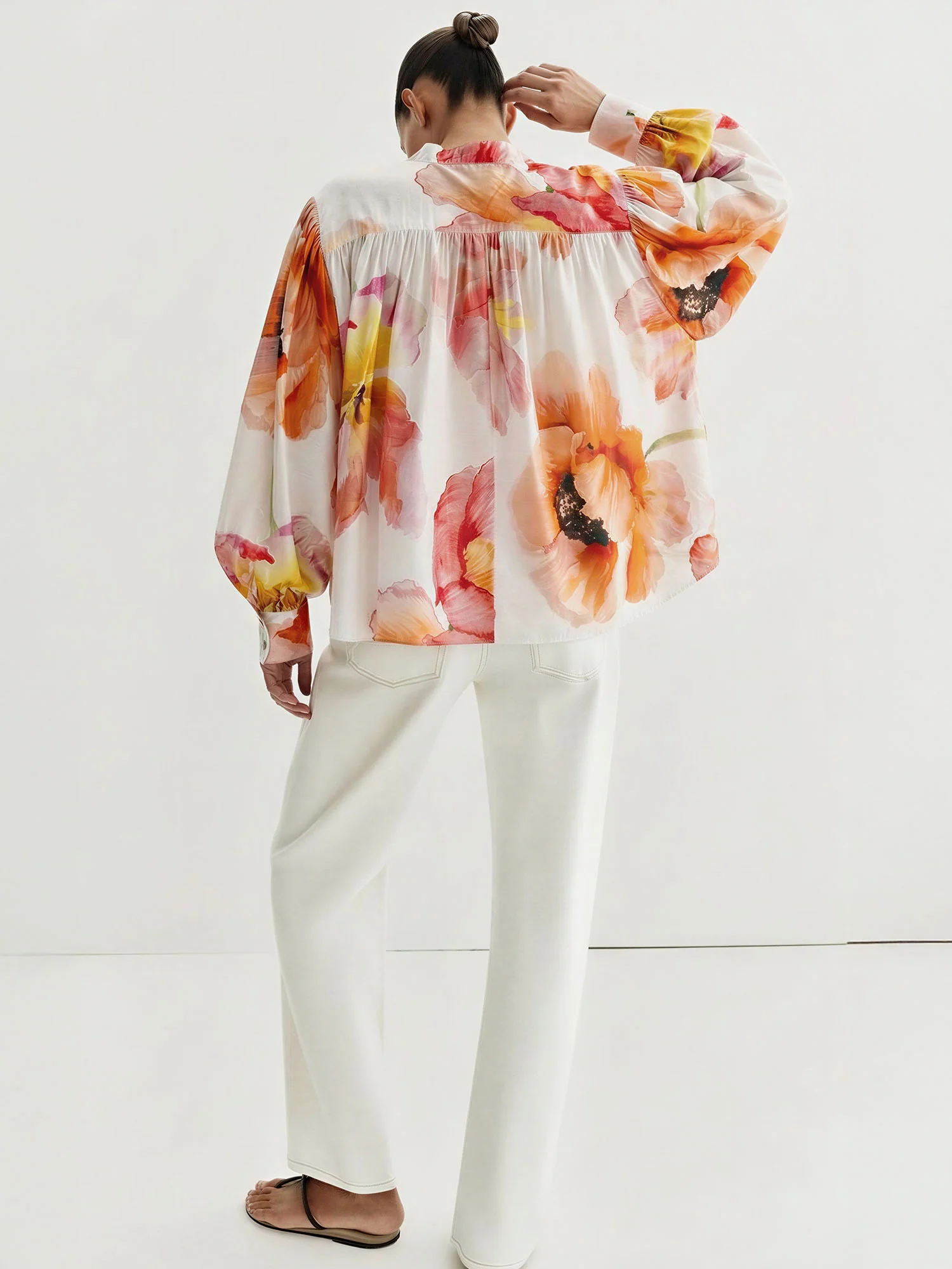 Floral Sheer Ruffled Collar Tie Front Blouse - Image 9