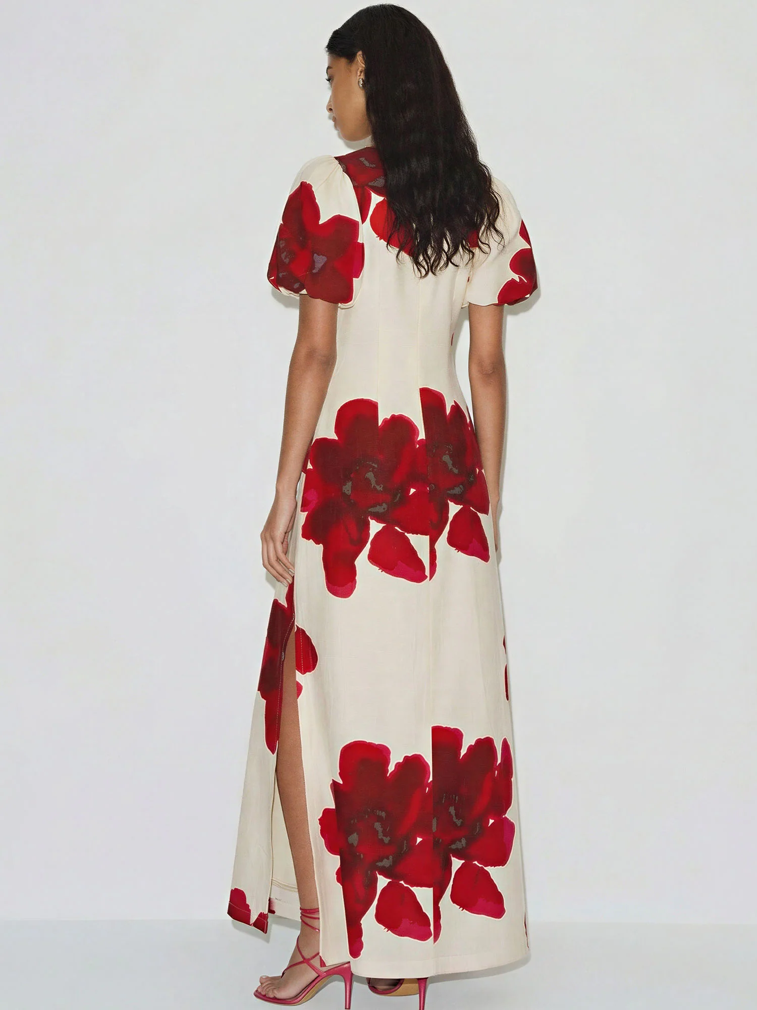 Floral V-Neck With Puff Sleeves Maxi Dress - Image 4