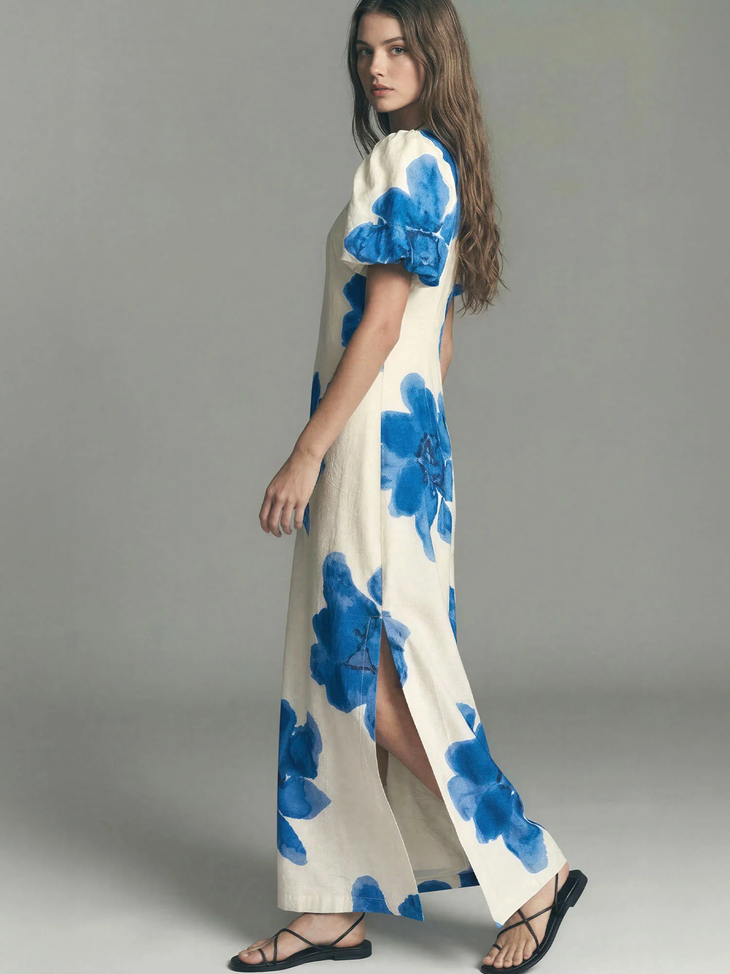 Floral V-Neck With Puff Sleeves Maxi Dress - Image 7