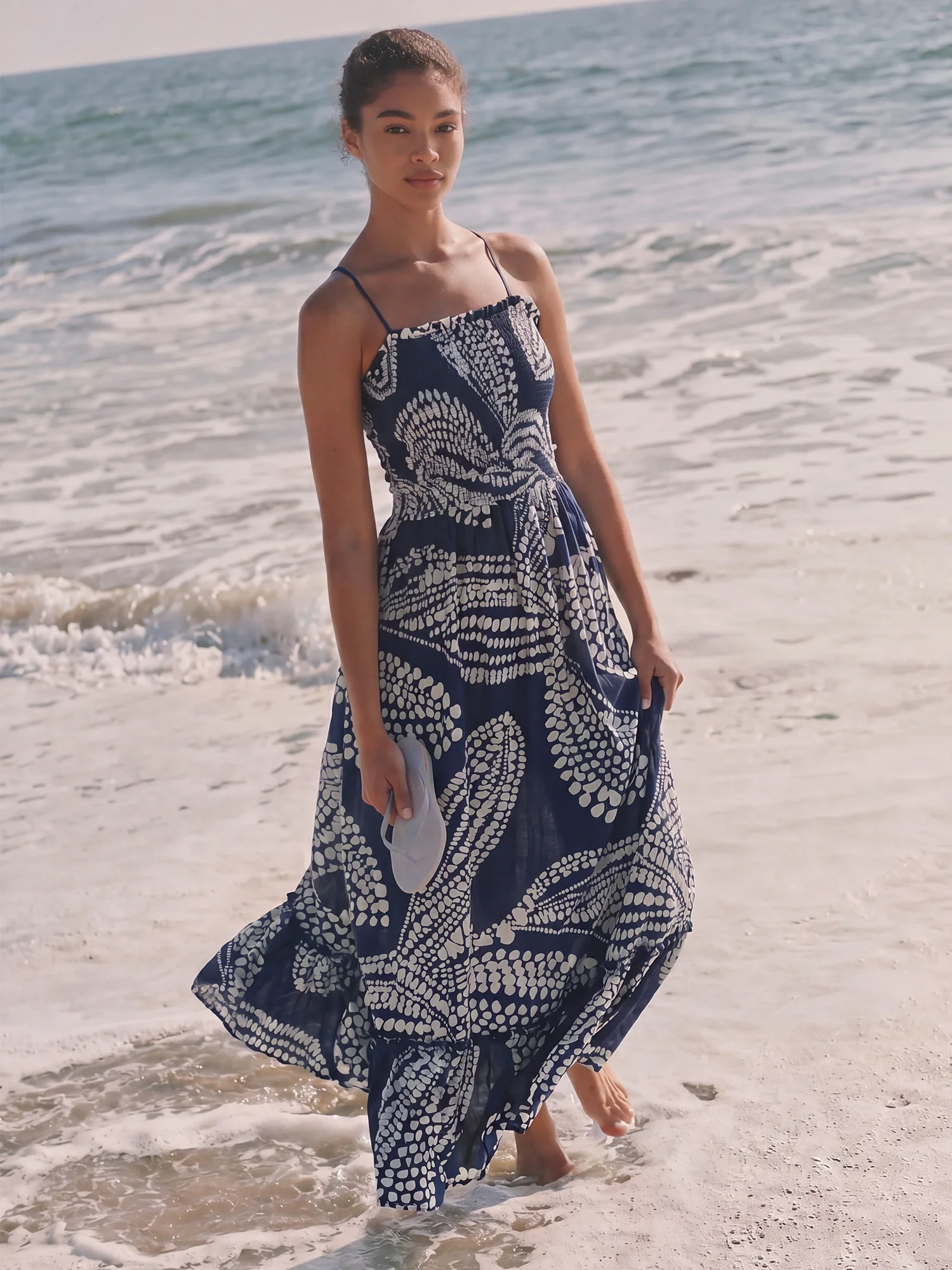 Halterneck Smocked Tropical Floral Maxi Sun Dress