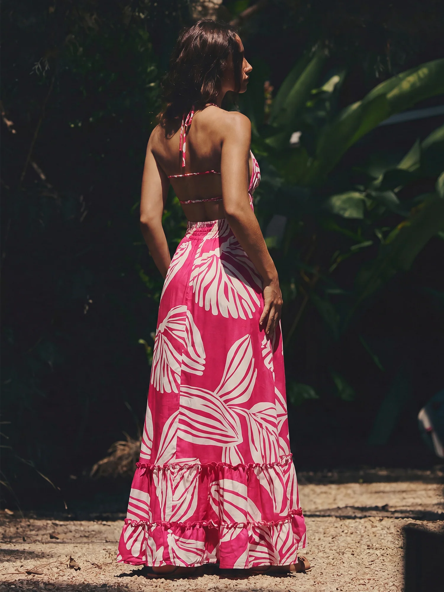 Halterneck Smocked Tropical Floral Maxi Sun Dress - Image 7