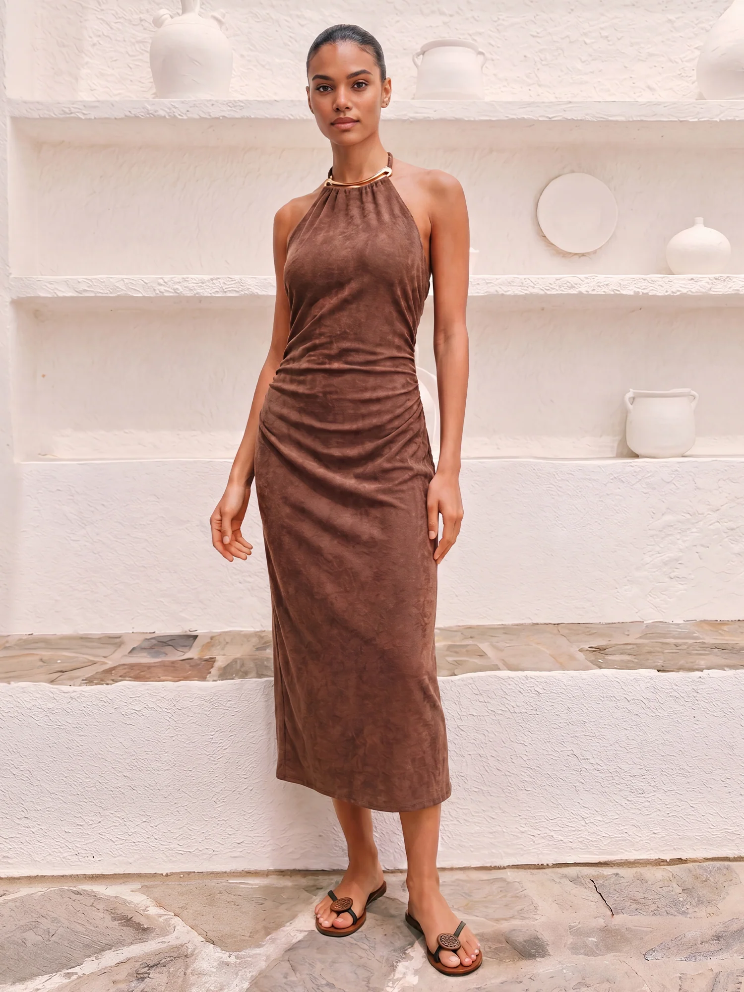 Hardware Collar Halter Neck Midi Dress
