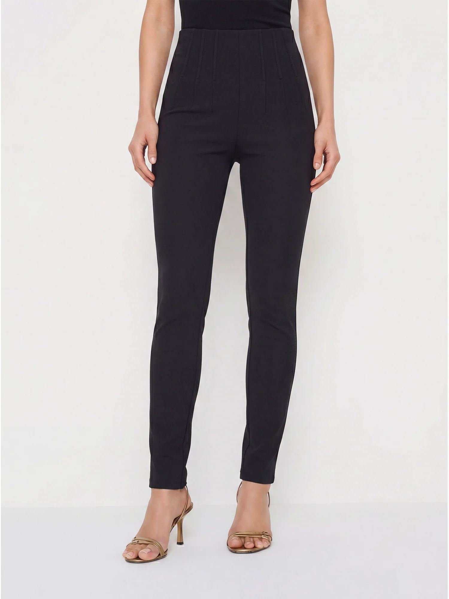 High Waisted Fitted Skinny Ponte Pants with Button Details - Image 2