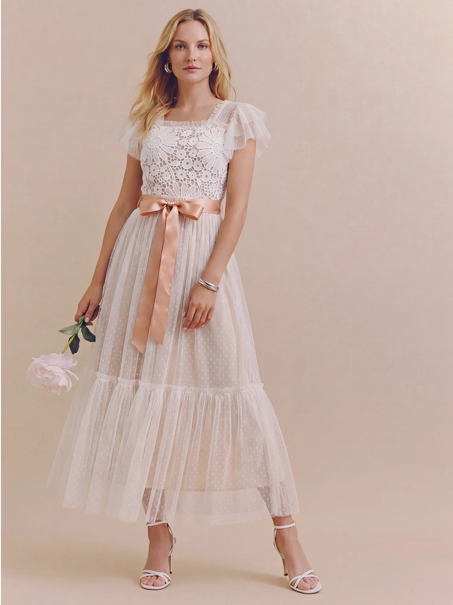 Lace Ruffle Tulle Midi Dress