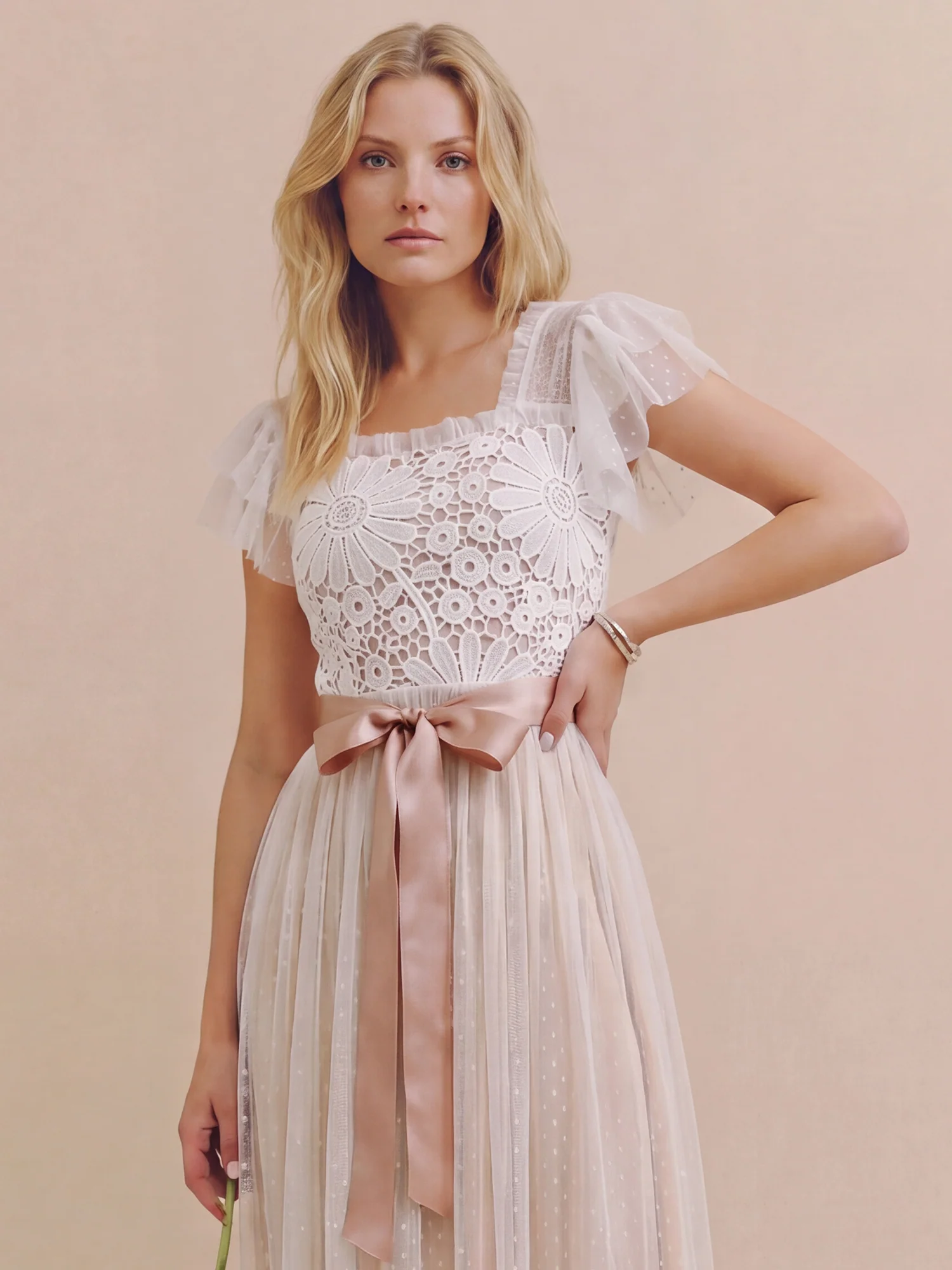 Lace Ruffle Tulle Midi Dress - Image 2