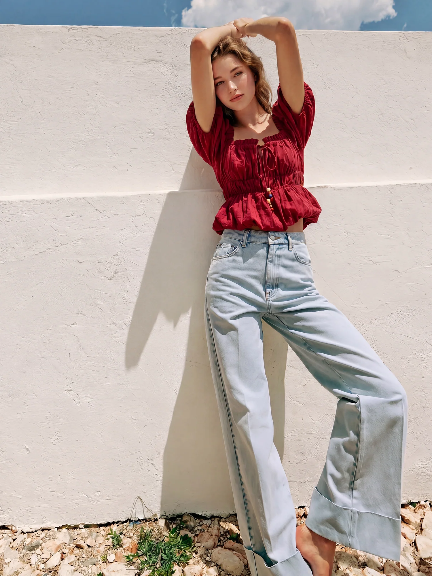 Linen Blend Bohemian Peplum Lace Top - Image 2