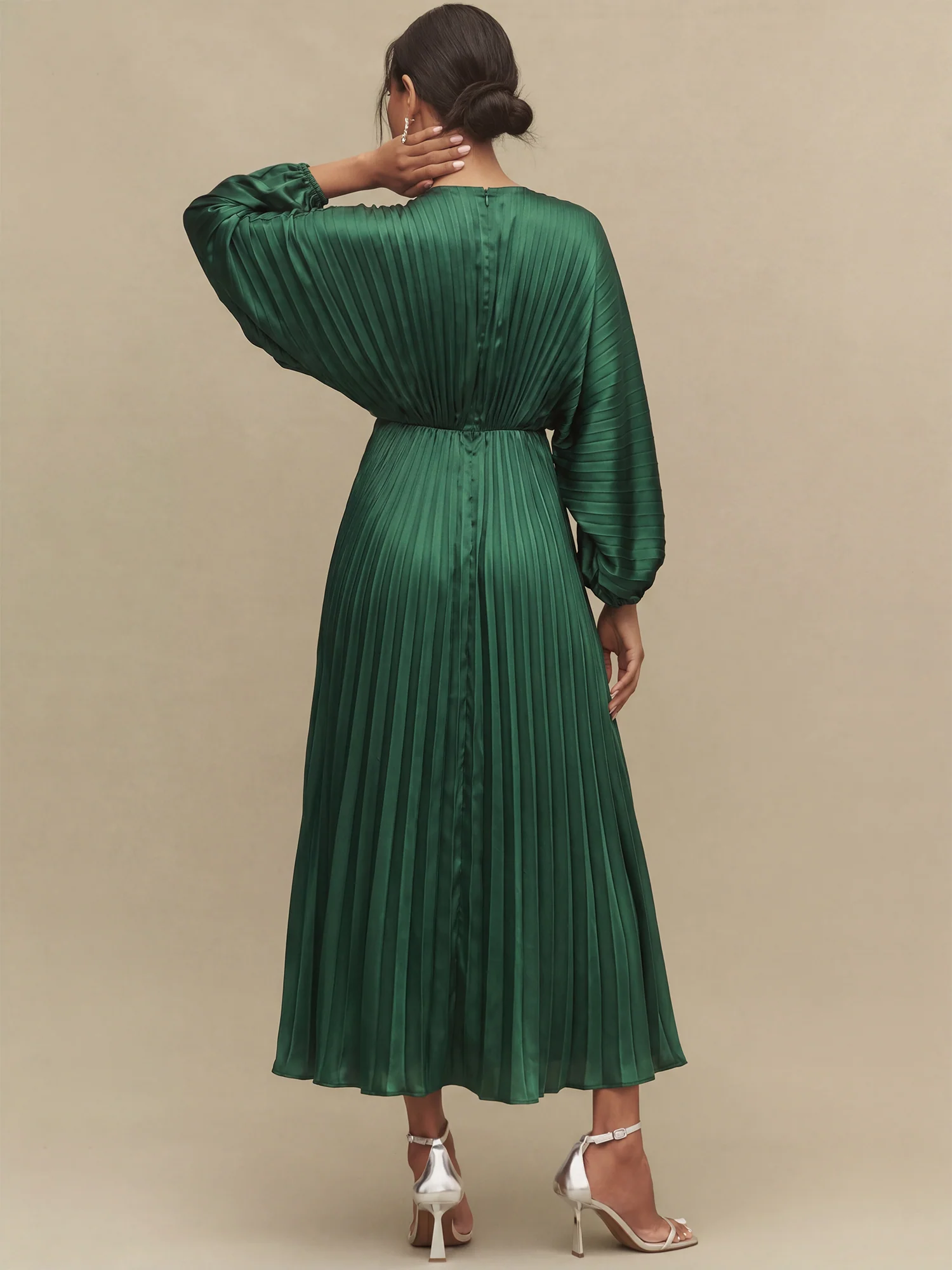 Short Sleeve Pleated V Neck Satin Maxi Dress - Image 8