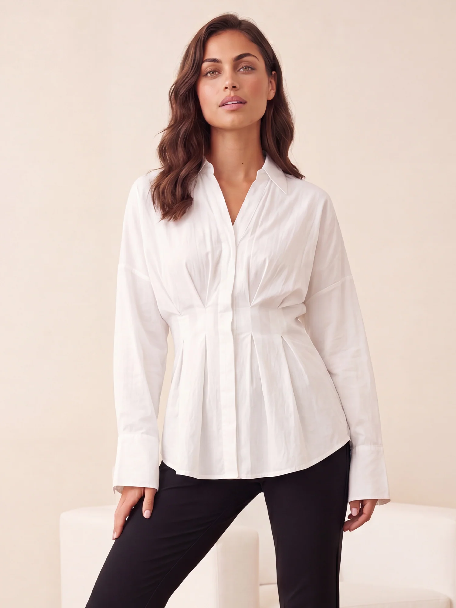 Long Sleeve Pleated Waist Button Down Shirt - Image 11