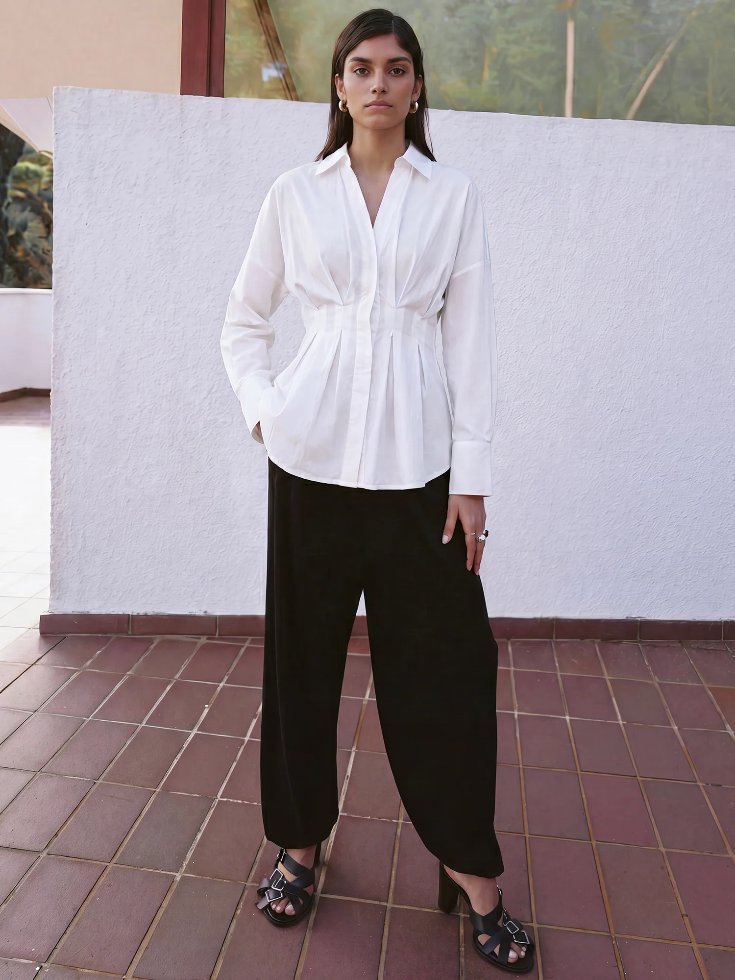 Long Sleeve Pleated Waist Button Down Shirt - Image 12