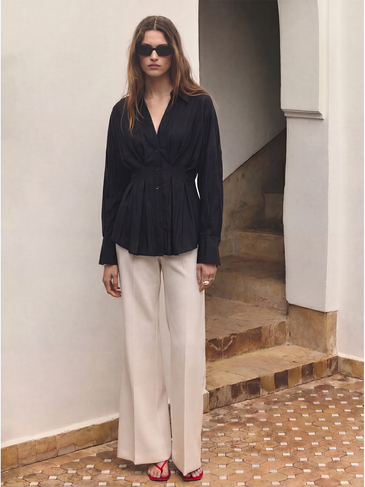 Long Sleeve Pleated Waist Button Down Shirt - Image 2