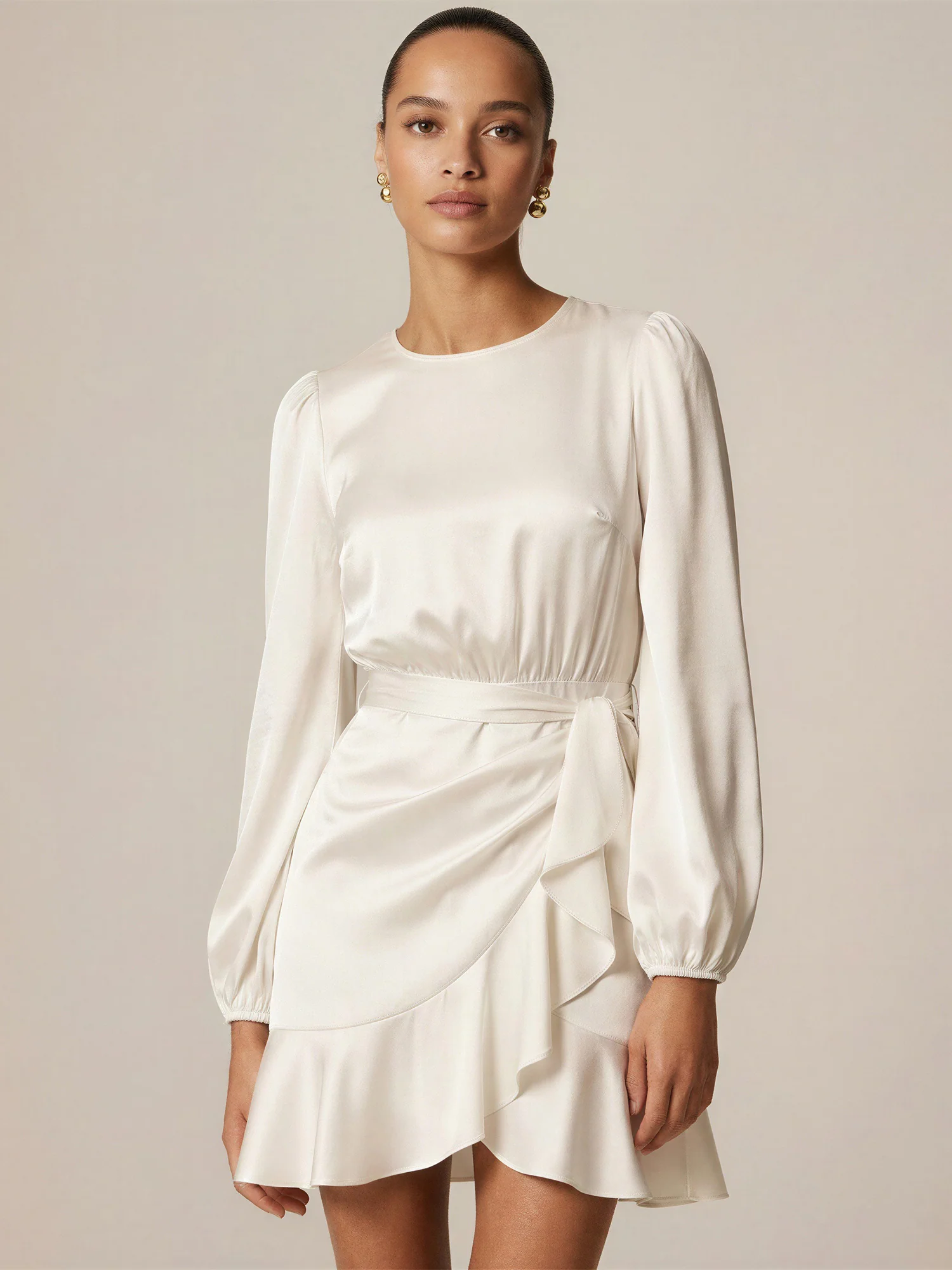 Long Sleeve Wrap Satin Mini Dress